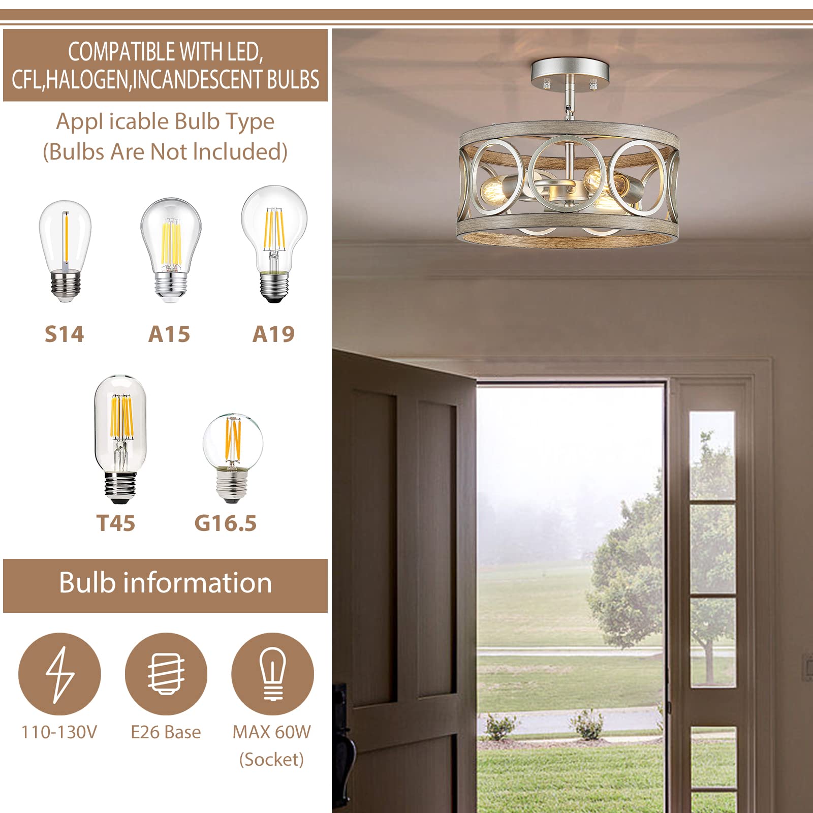 Peskoe Farmhouse Ceiling Light Fixture, Drum Round Modern Semi Flush Mount Ceiling Light For Kitchen Bedroom Dining Living Room, 13" Metal Nickel And Wood Grain Chandeliers