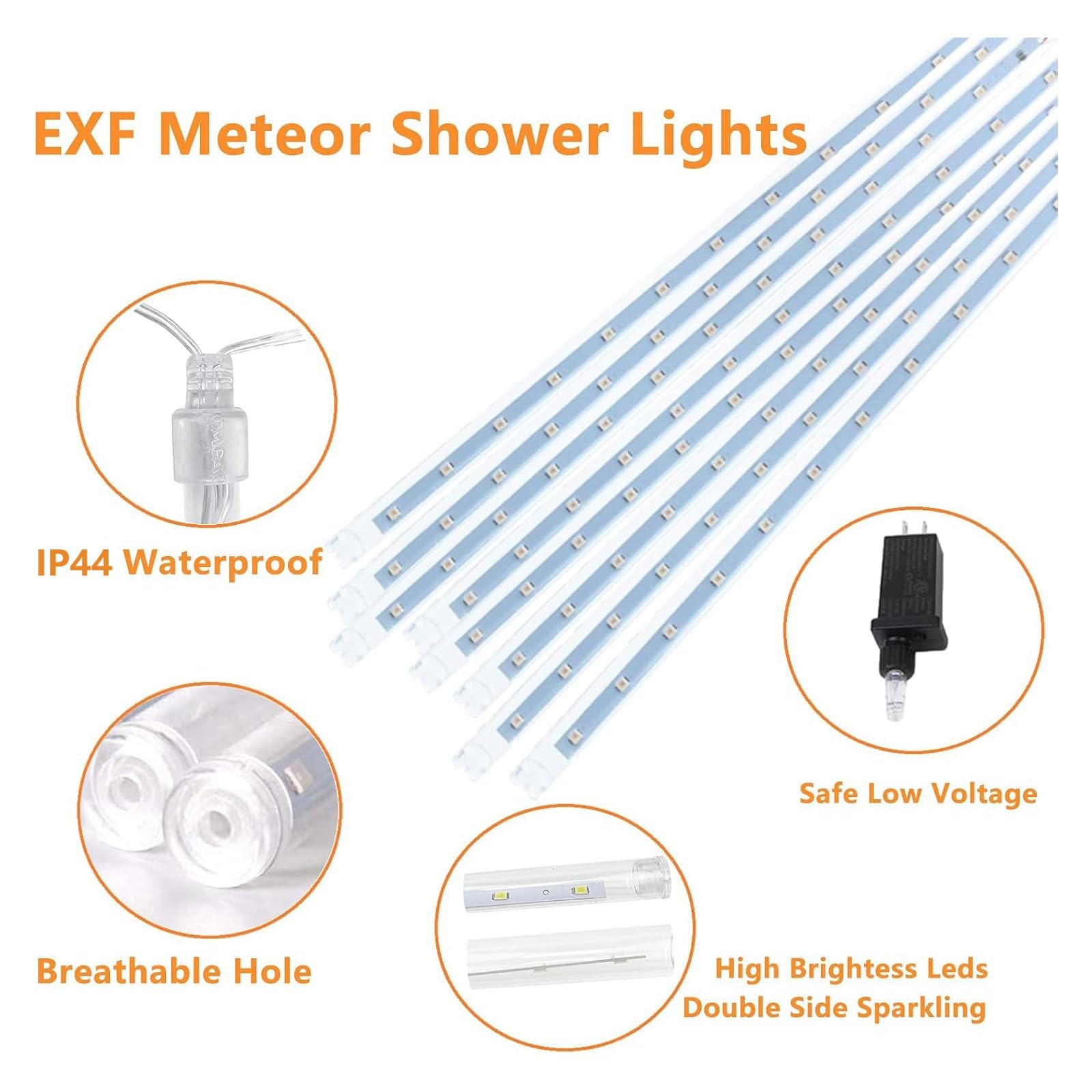 EXF 2-Pack Meteor Shower Lights Outdoor, 384LED Cool White, 30cm Tubes, Indoor/Outdoor, Model MLS-D5V3.6WUT-O