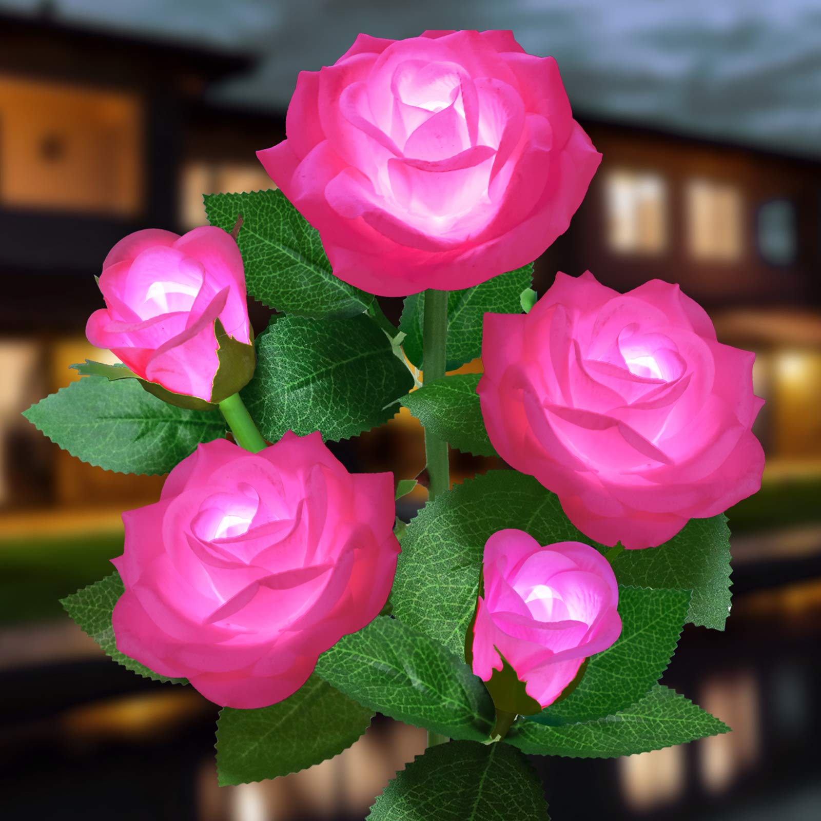 YWYWLED Solar Flower Lights - LED Waterproof Stake Lights with 5 Roses, Pink, 1 Pack, Model 2023-5-12