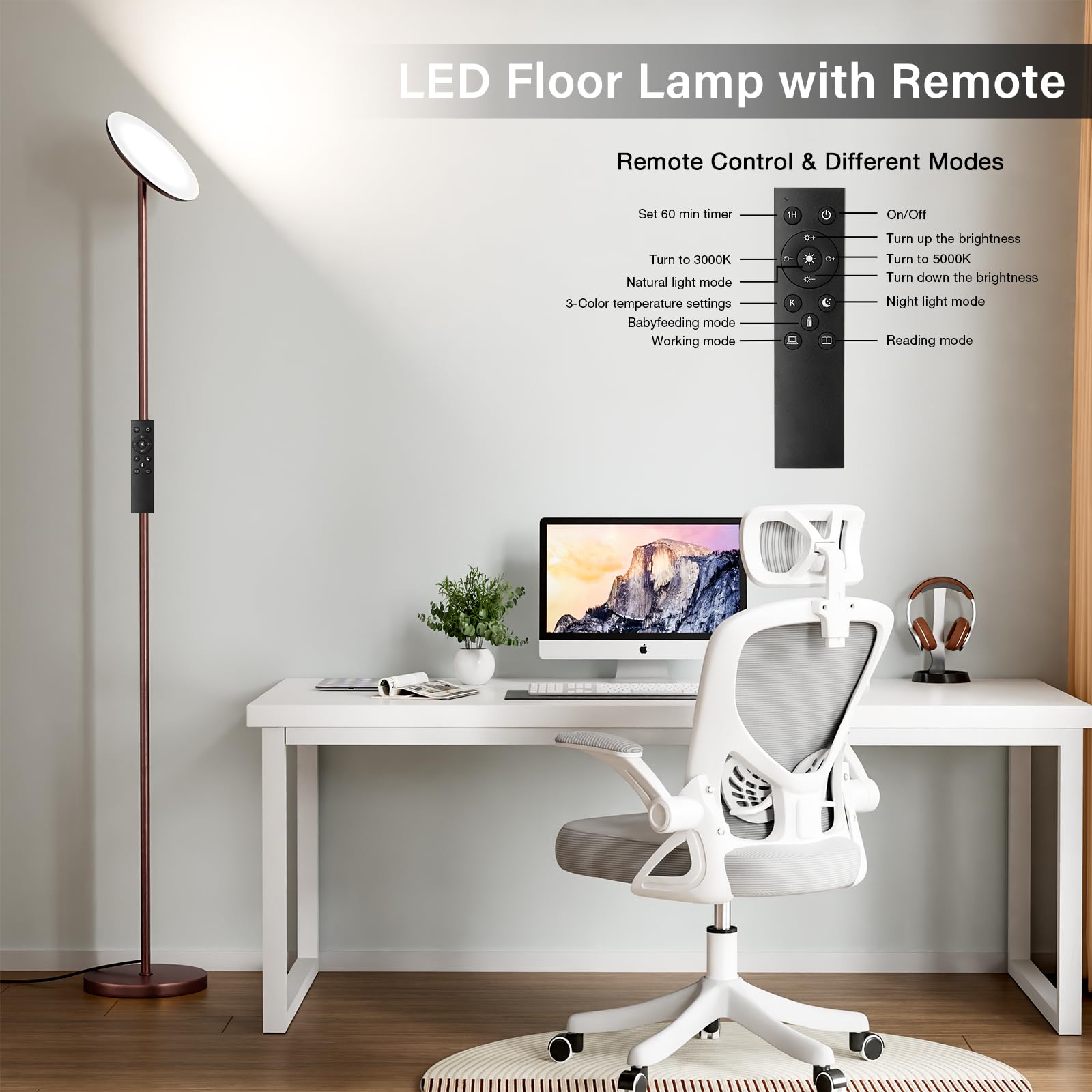 PreeOtti Modern LED Floor Lamp, Remote & Touch Control, Dimmable, 3 Color Temps, Large, Brown