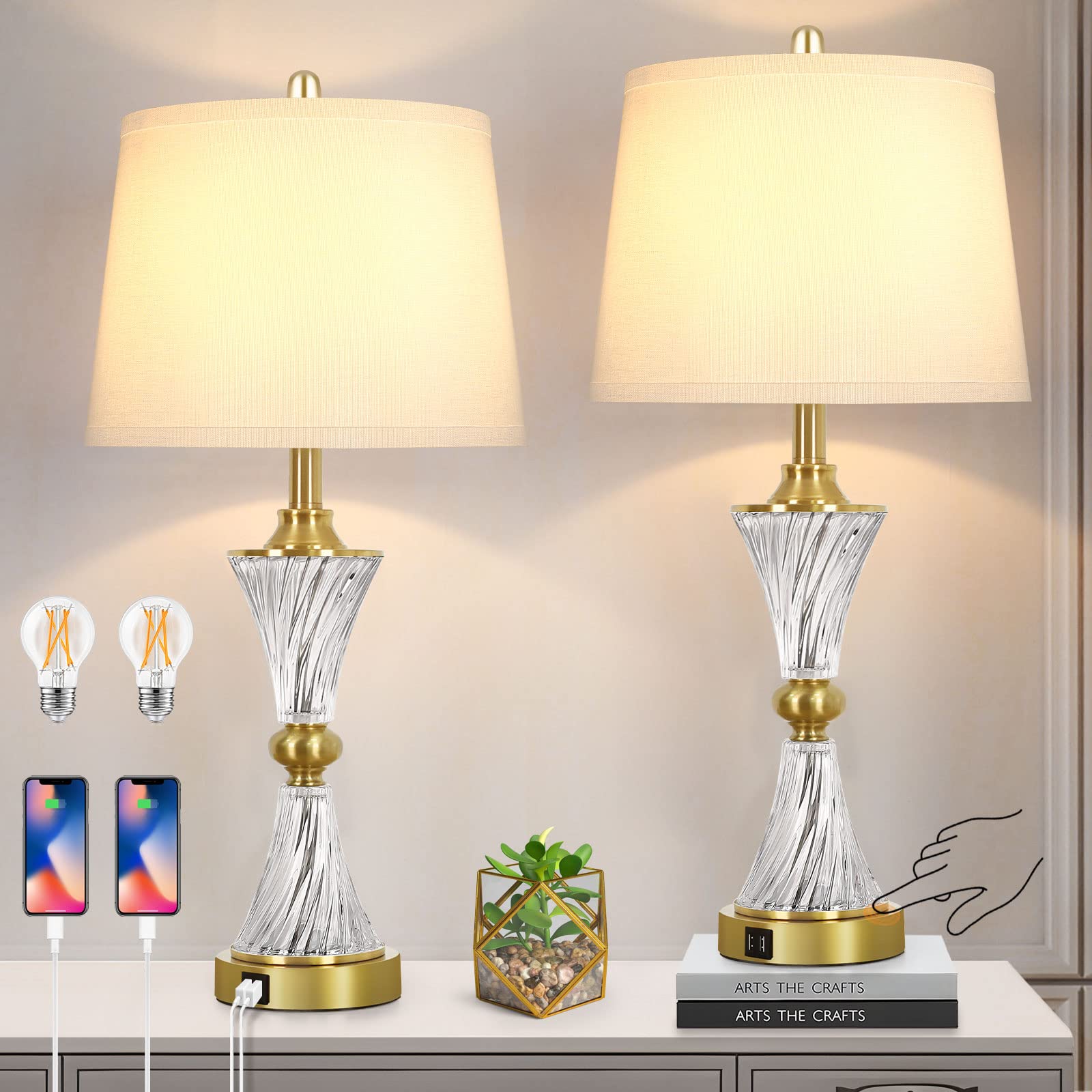 Verron Touch Control Dimmable Gold Crystal Table Lamps, Usb Ports, Set Of 2, White Shade