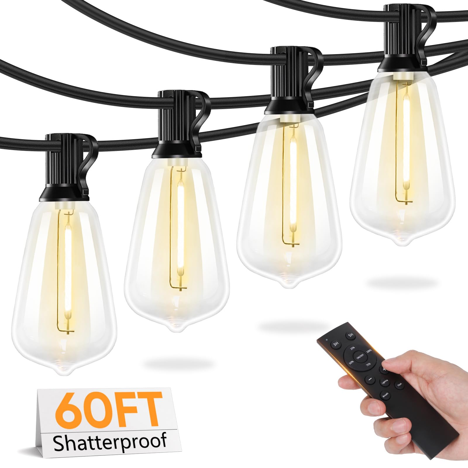 Brightever LED Outdoor String Lights, 60FT Waterproof, 19 Shatterproof ST38 Bulbs, 3 Modes, Dimmable, Black, Model CMPC-O25XA