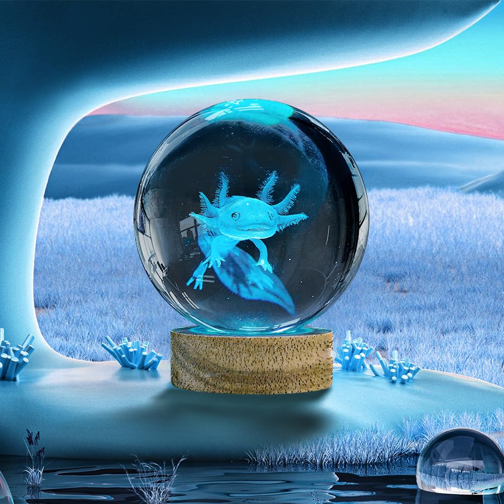 Yylzephb 3D Axolotl Crystal Ball Night Light With Woodern Base,16 Colors With Remote Control Cool Desk Decor Gifts For Kids Frie