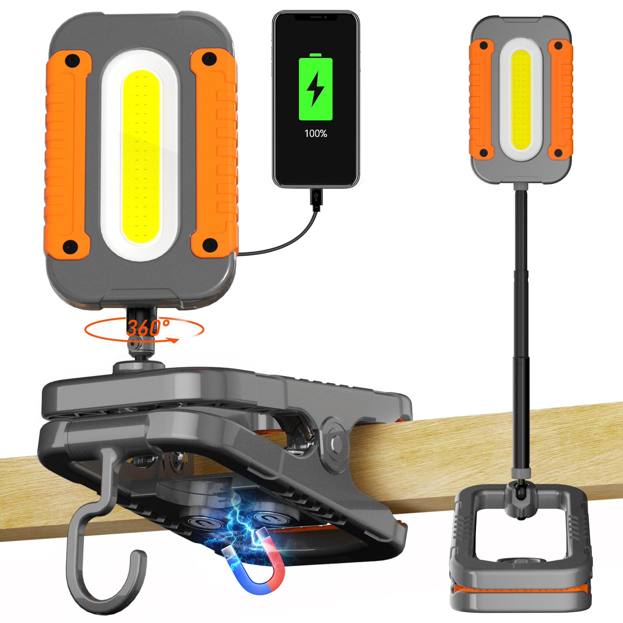 Molrebe Rechargeable Work Light With Clamp, 3000Lm Clip On Lamp With Magnet, Hook, Telescopic Stand, 360? Rotatable Portable Led