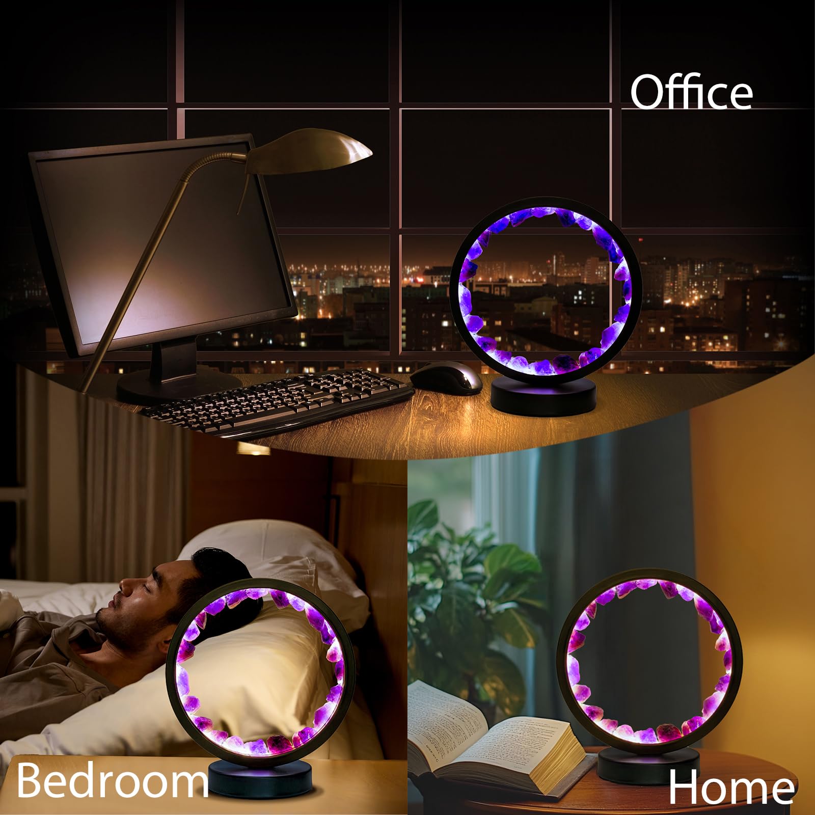 Runyansghi Amethyst Night Lamp 8.6&quot; Natural Healing Crystal Bedside Lamp Usb Port 3 Colours Dimming Mode Bedroom Lamp Suitable Night Light For Living Room Bedroom Office Home Decor Ideal Gift
