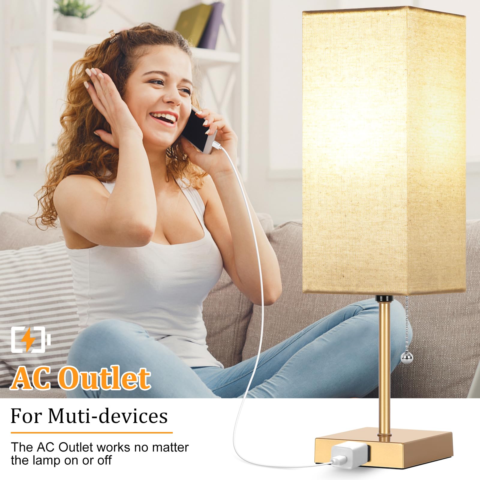 Dott Arts Table Lamp Set of 2, 18in Gold Linen, 3-Color with Pull Chain, AC Outlets, Model PTL6W-028