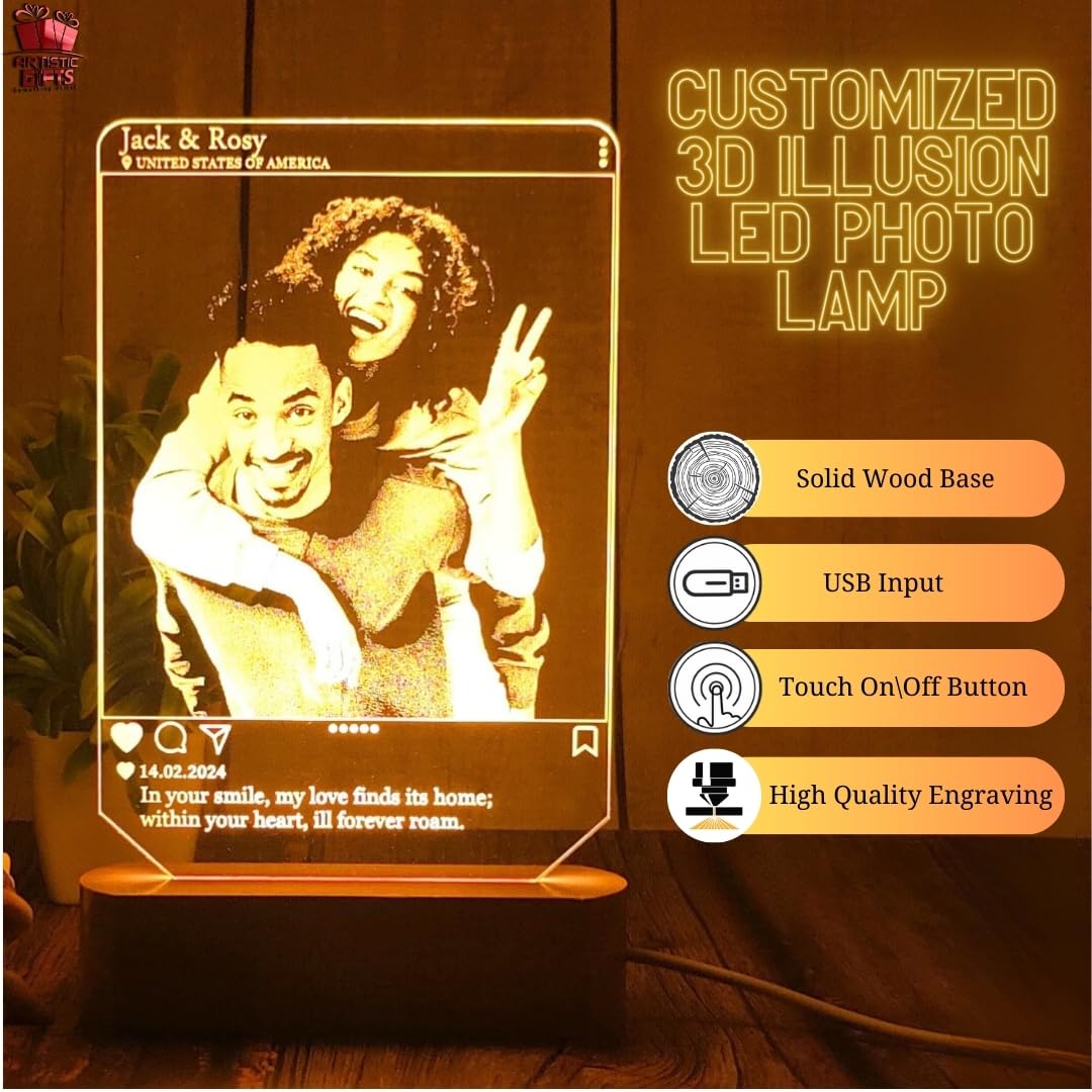 Artistic Gifts Personalized 3D Illusion Photo LED Lamp - Perfect Valentine, Birthday, Anniversary Gift for Couple (Insta 1)