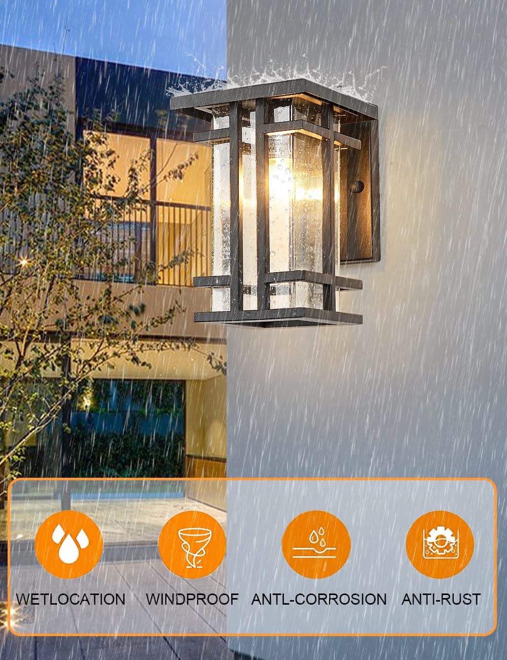 VOCLDFA Retro Outdoor Wall Light - Small Wall Lamp, Clear Seeded Glass Shade, IP65 Waterproof, 10inH, Black, Model HY-01S