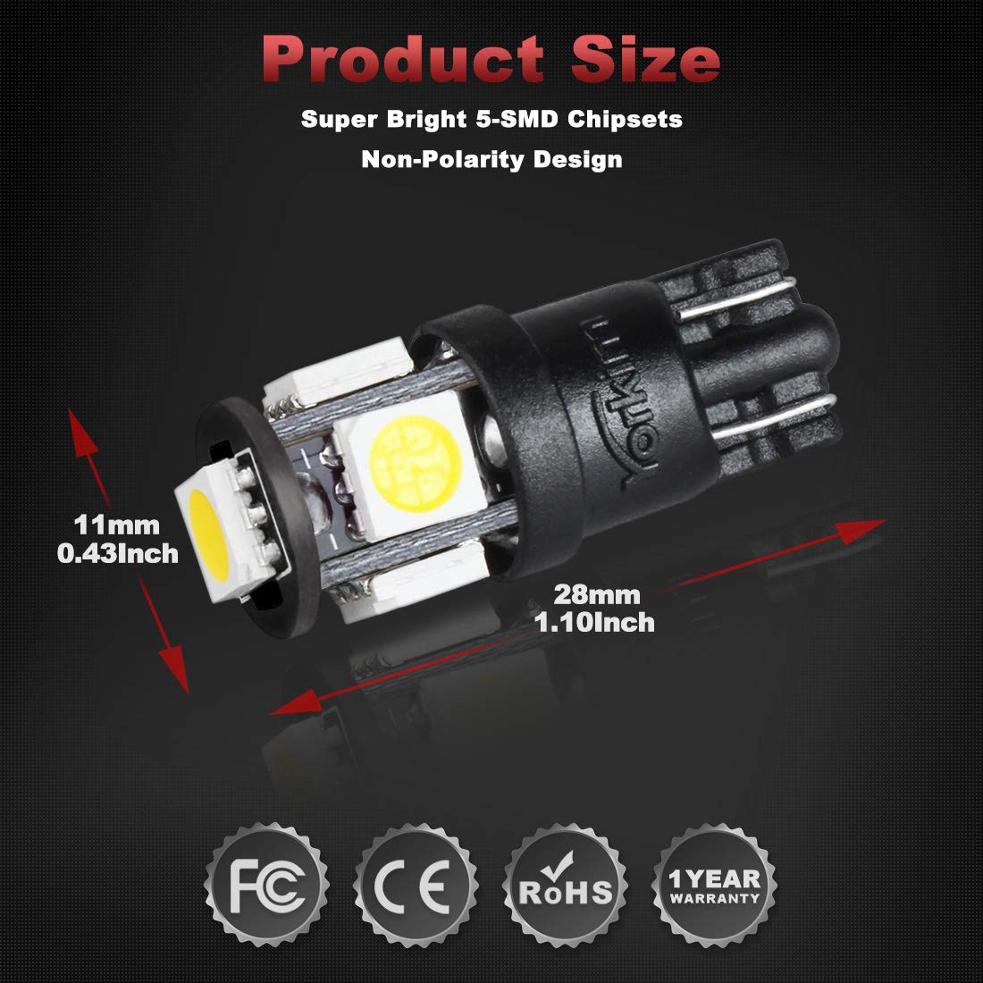 Yorkim T10 LED Bulbs 6500K White Non Polarity, 6th Gen, Pack of 10, Aluminum, 194 Interior Dome, Map, Door, License Plate Lights