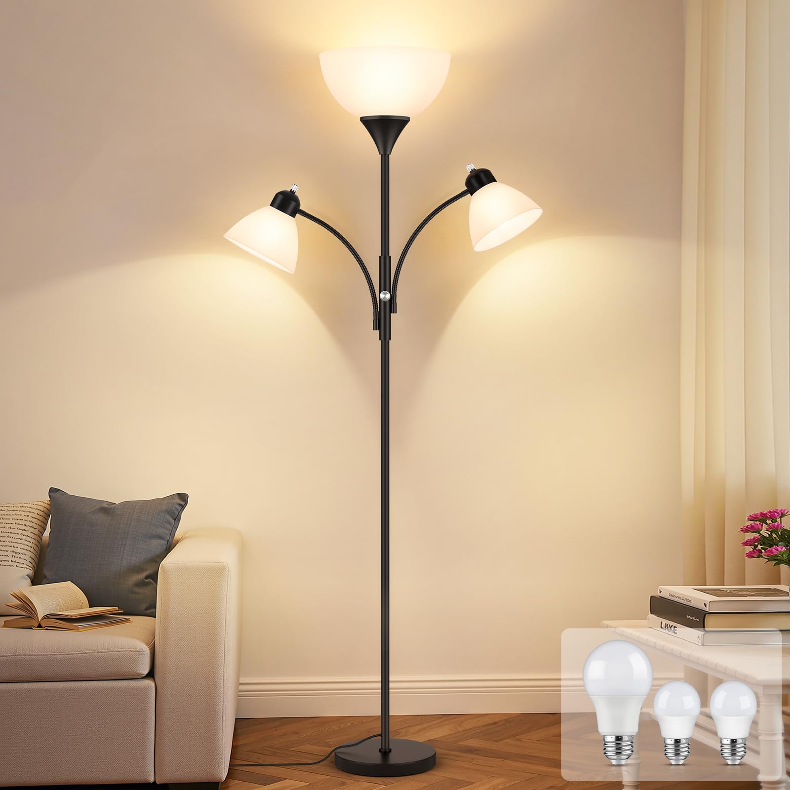 Coucrek Floor Lamp for Living Room,72 Dimmable Torchiere Lamp with 2 Reading Lights for Bedroom, Black Tall Standing Room Lamp, 