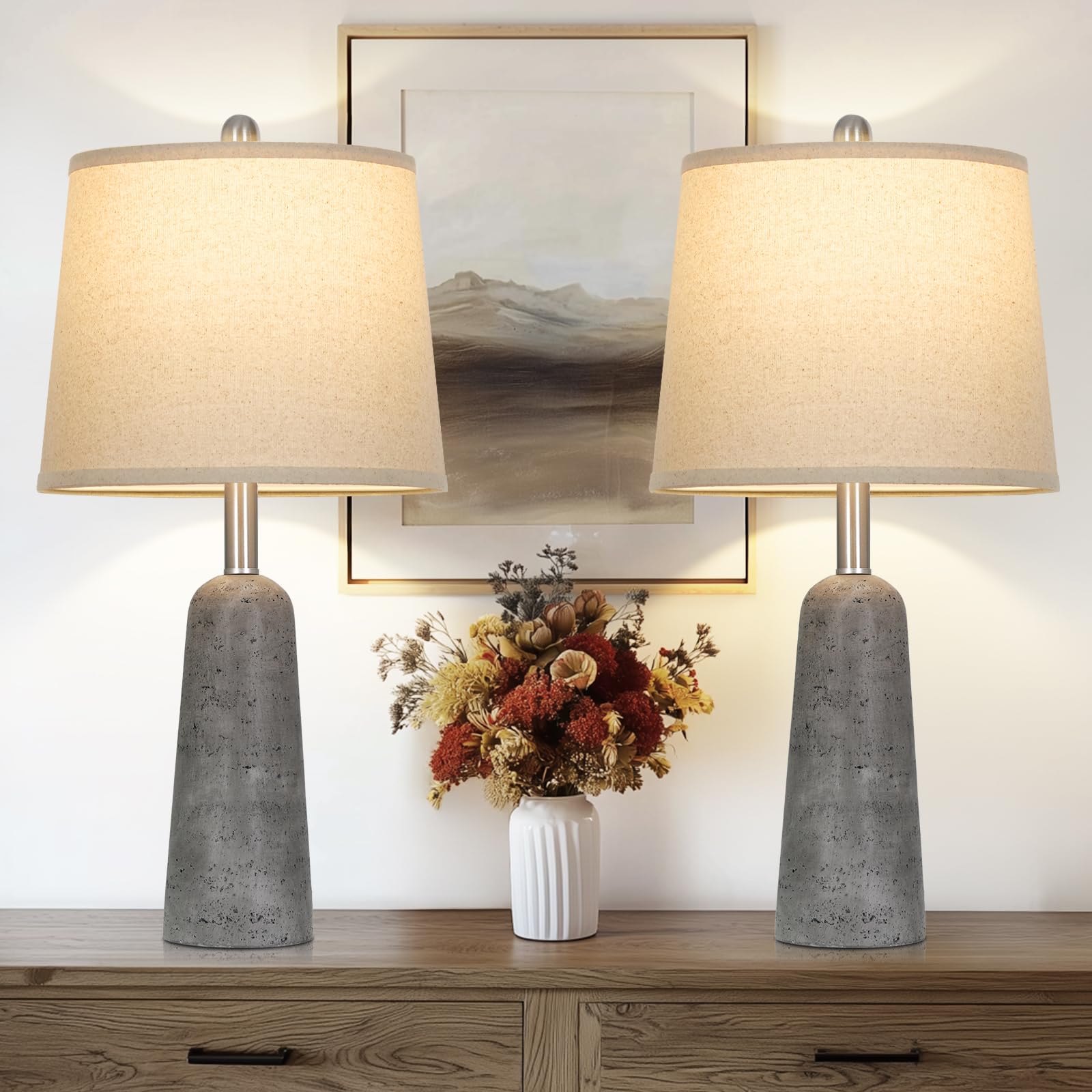 Rinweey 24 Modern Concrete Table Lamps Set of 2, Faux Stone Bedside Lamps for Bedroom, Travertine Inspired Nightstand Lamps for 
