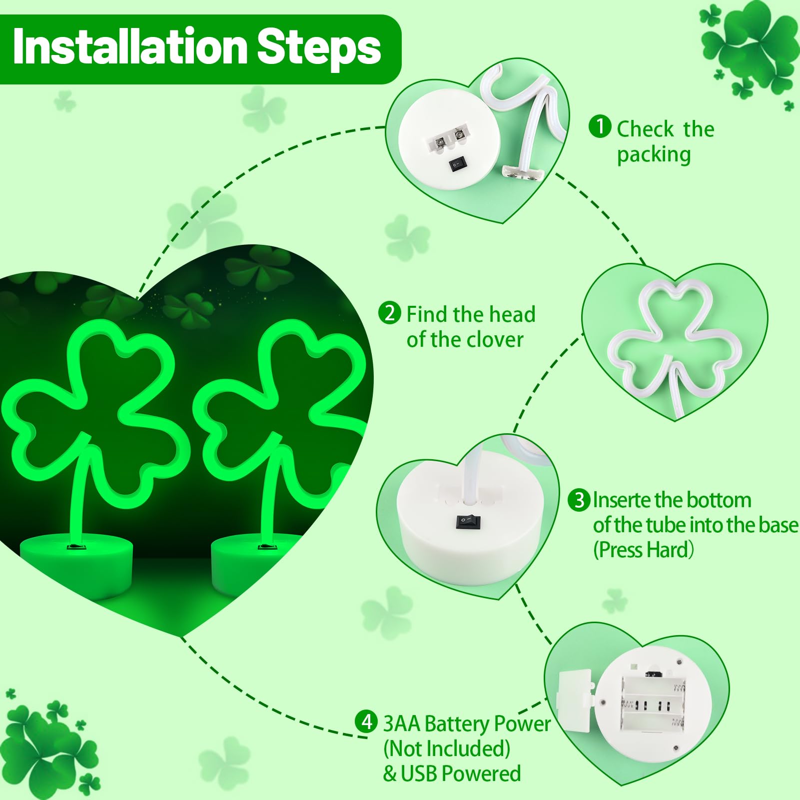 Brightdeck 2 Pack Clover Neon Signs  Led Lights Battery Operated Or Usb Powered Decoration Lamp  Neon Lights Decor For St. PatrickS Day Gifts  Wedding  Party  Room Decor(Clover)