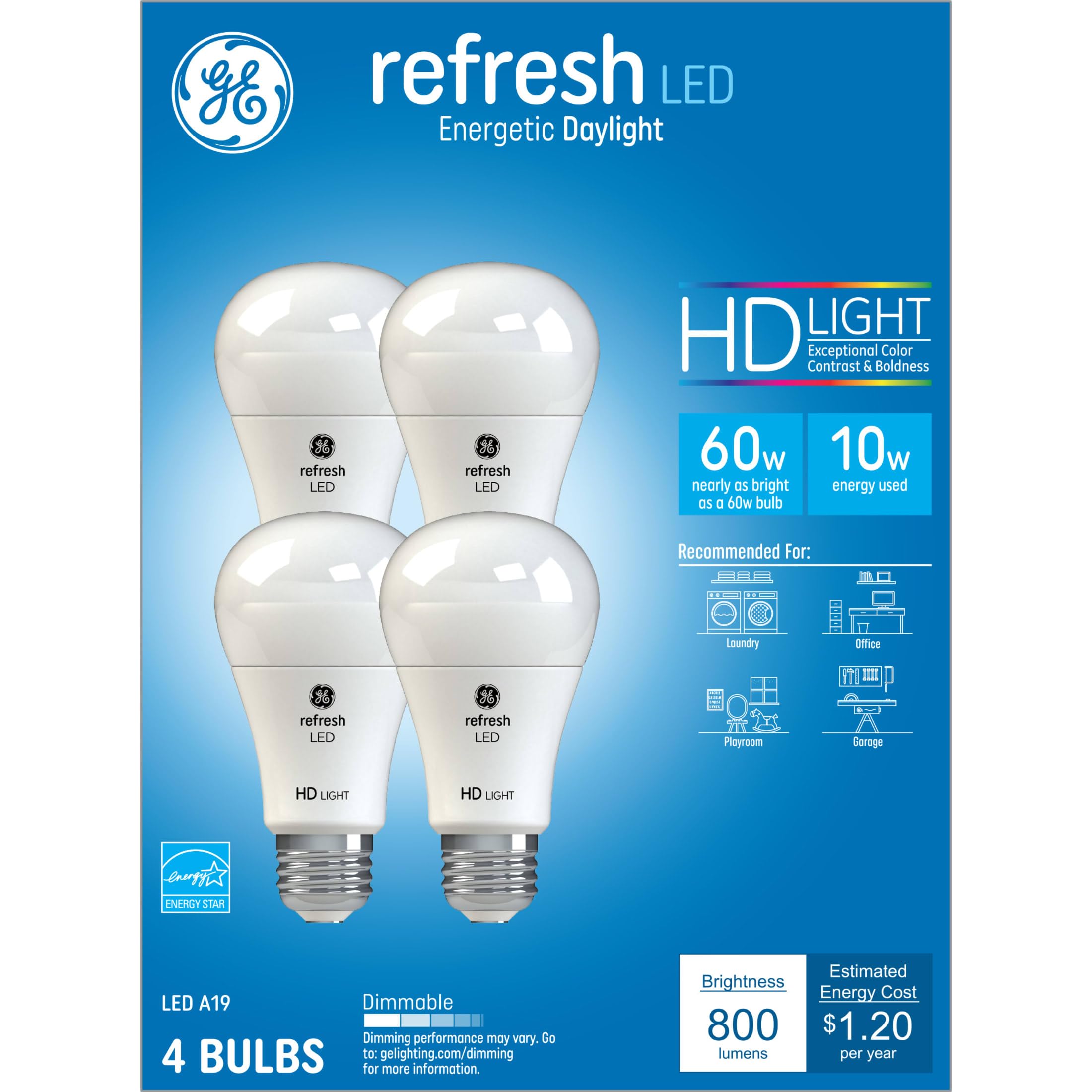 GE Refresh LED Light Bulbs, 60 Watt, Daylight, A19 (4 Pack)