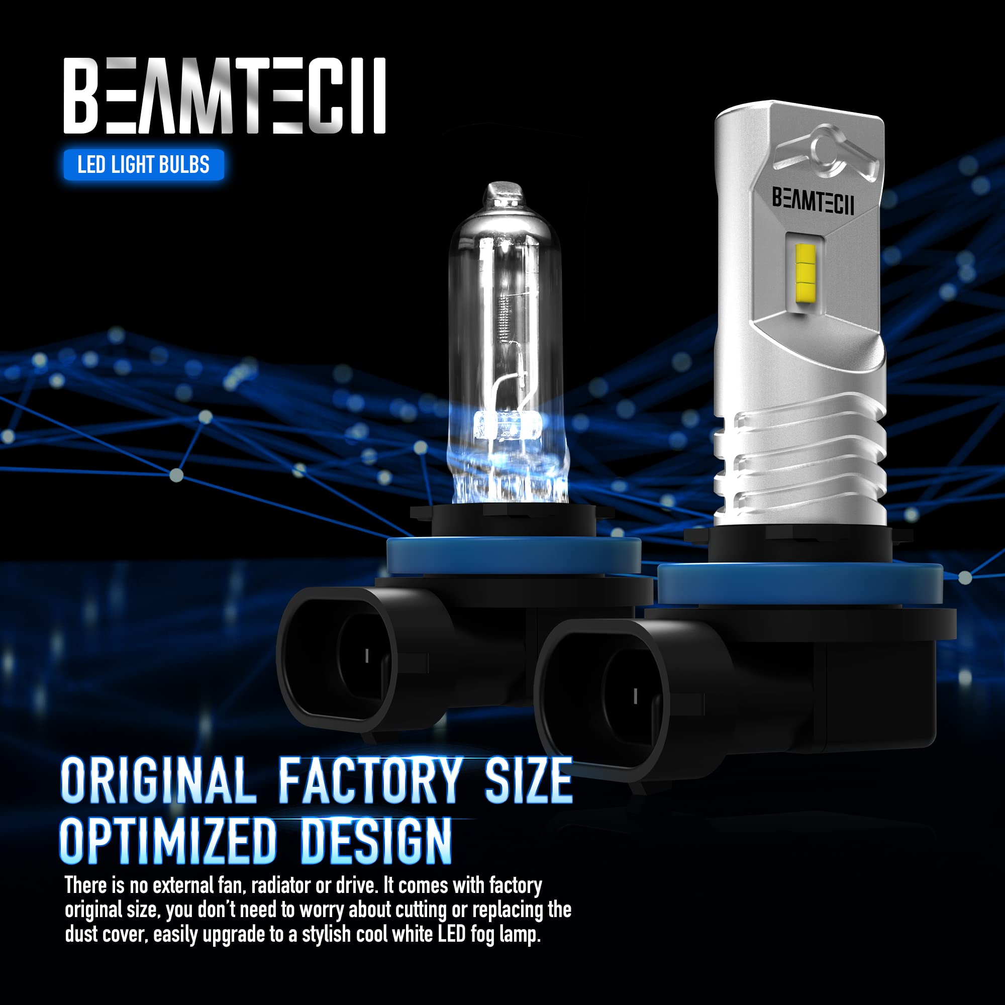 BEAMTECH H11 LED Fog Light Bulb, 800 Lumens, CSP Chips, Aluminum, 6500K Xenon White