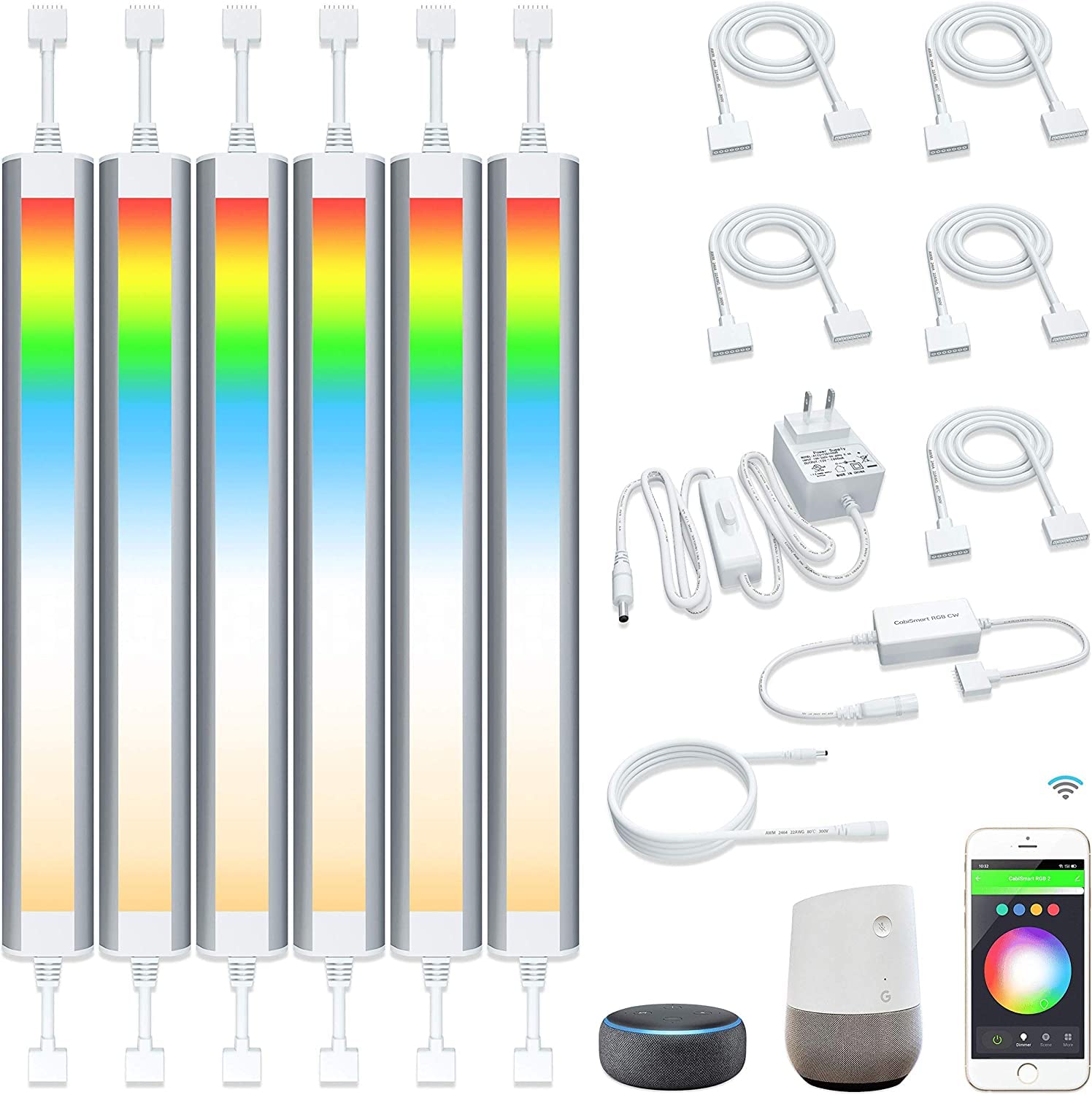 LAMPAOUS Smart Under Cabinet Lighting Strip - RGB Color Changing, Dimmable, 6 Lights Bar Kit, Aluminum, White 2700-6500K