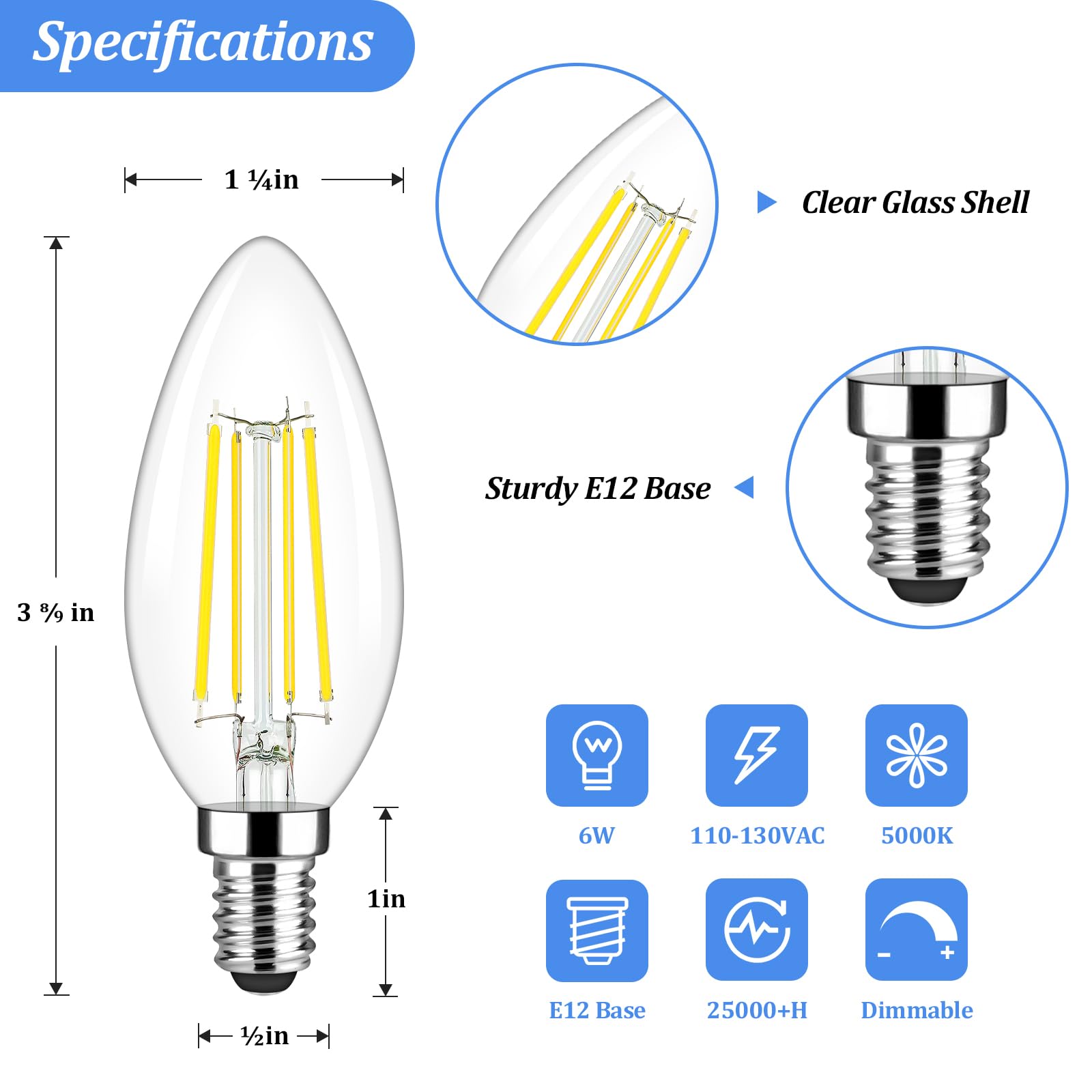Brightever E12 Candelabra LED Light Bulbs, 6W Clear Filament, 5000K Daylight White, Pack of 5, Non-Dimmable Chandelier Bul