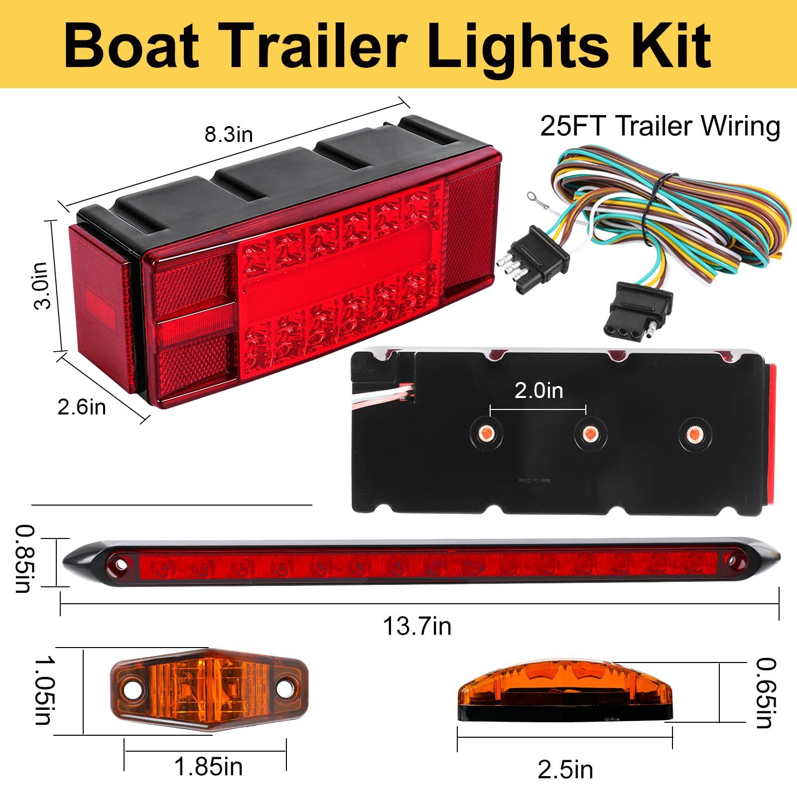 EXERAUO Boat Trailer Lights LED Kit, IP68 Submersible, 8 Inch, Red & Amber, Model HDD-T06, Includes Wiring Harness