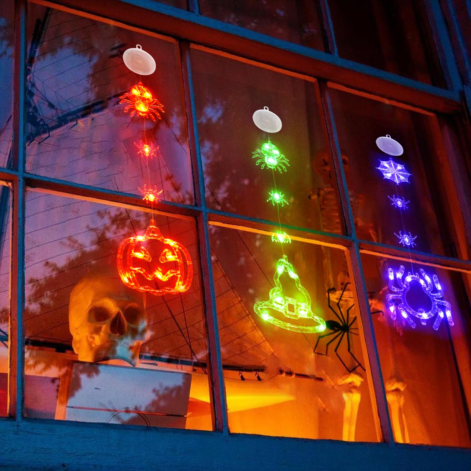 SUDDUS Halloween Decor, 3 Pack Orange Pumpkin Violet Spider Green Witch Hat Battery Operated Halloween Window Lights with Suctio