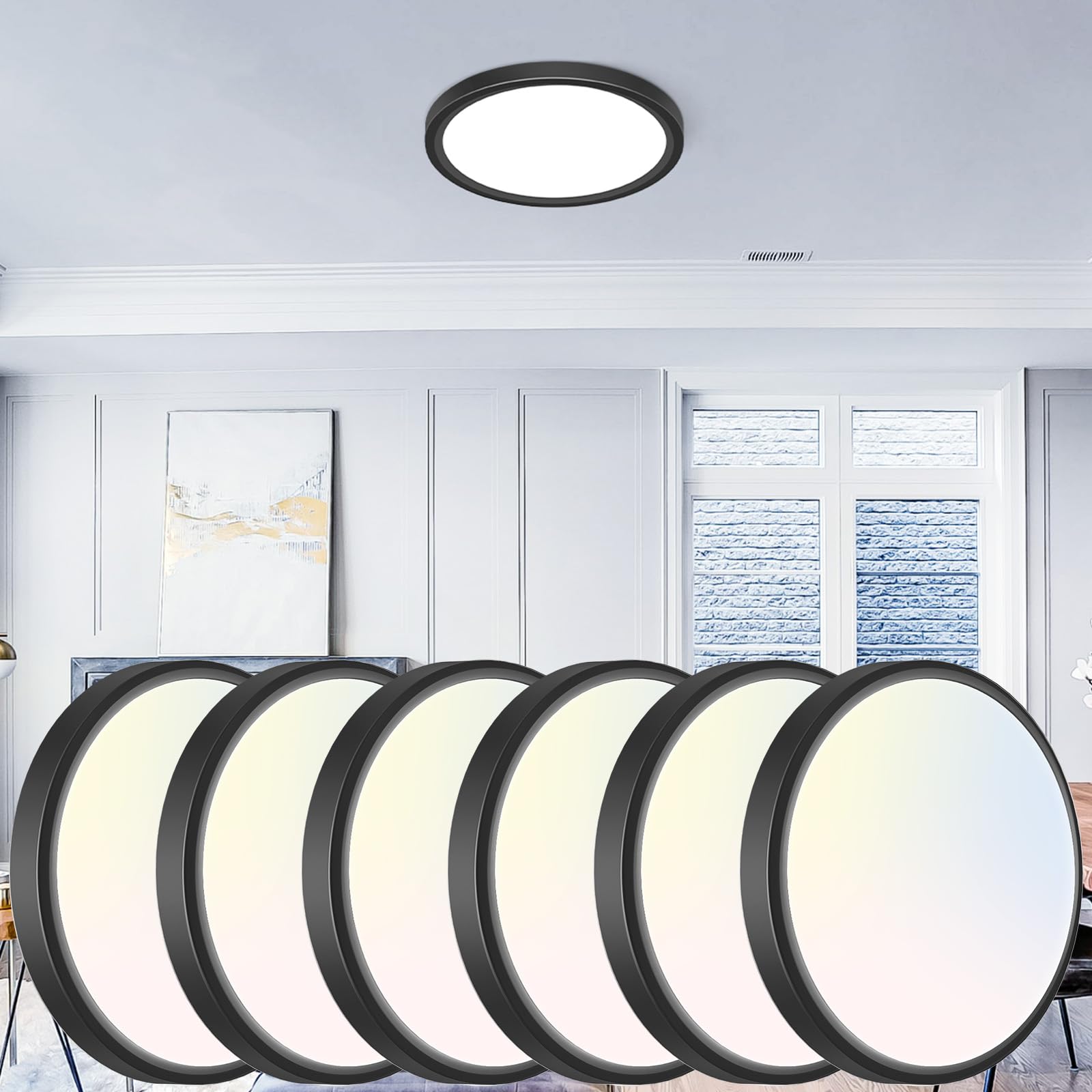 libtit 7 inch Flush Mount LED Ceiling Light Fixture  3000K-6500K Adjustable  15W 1500lm Black Satin Round Ceiling Lamp for Bathroom Hallway Kitchen Bedroom  6 Pack