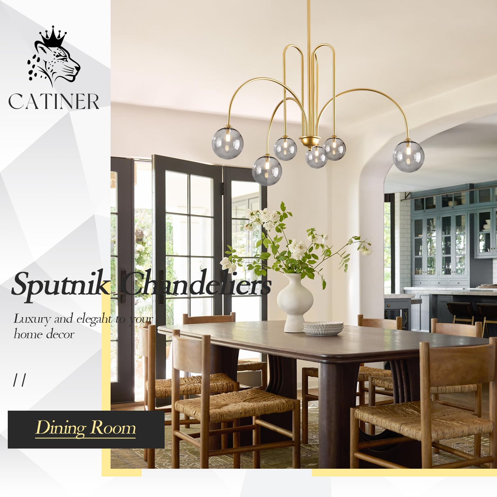 CATINER Modern Gold Chandelier, 6-Light Sputnik, Smoke Glass Globe Shades, L40”, Mid Century Ceiling Pendant for Living Room, Foyer, Bedroom