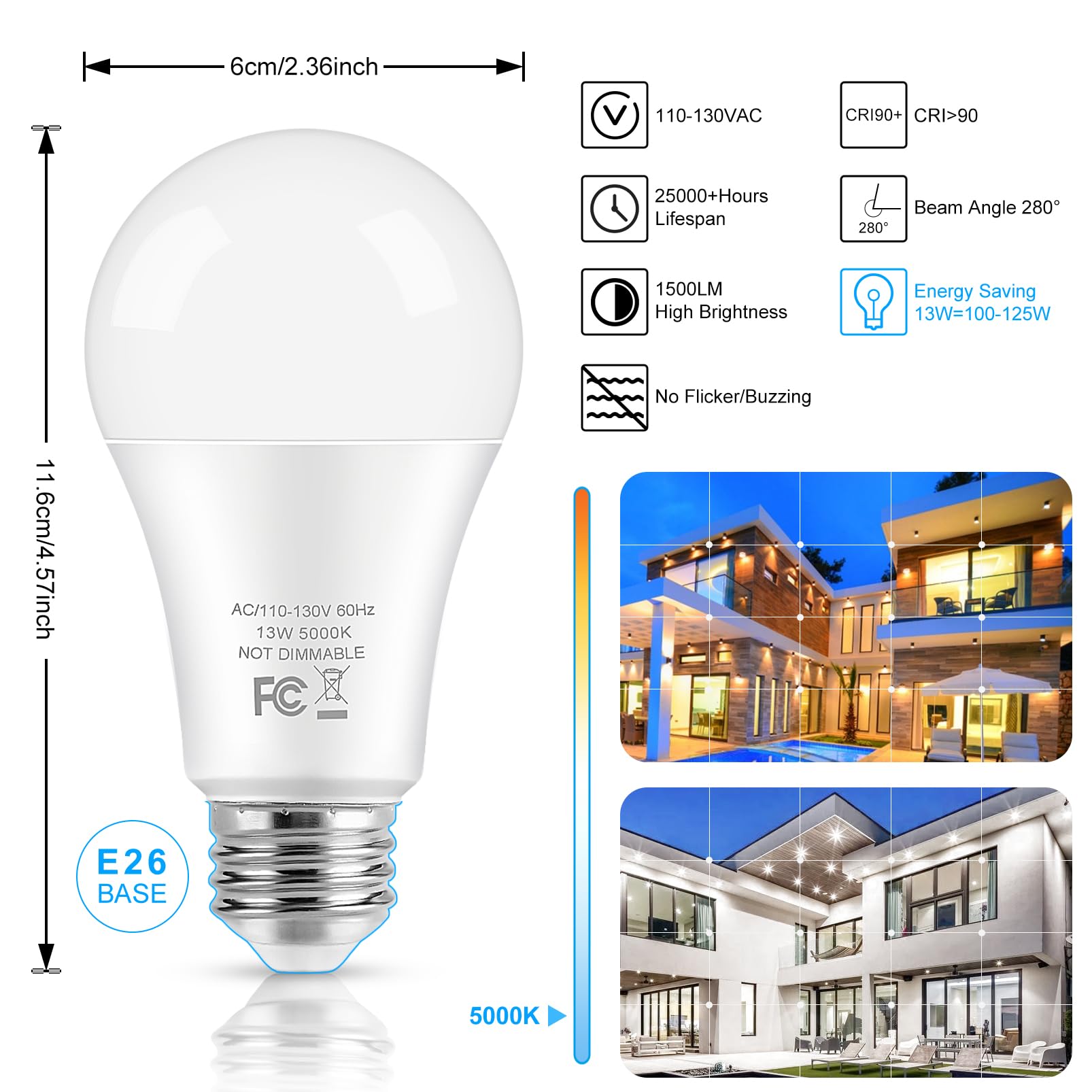 Led Light Bulbs, 100 Watt Equivalent A19, 13W 5000K Daylight White 1500 Lumens Non-Dimmable Bright E26 Edison Medium Screw Bulbs