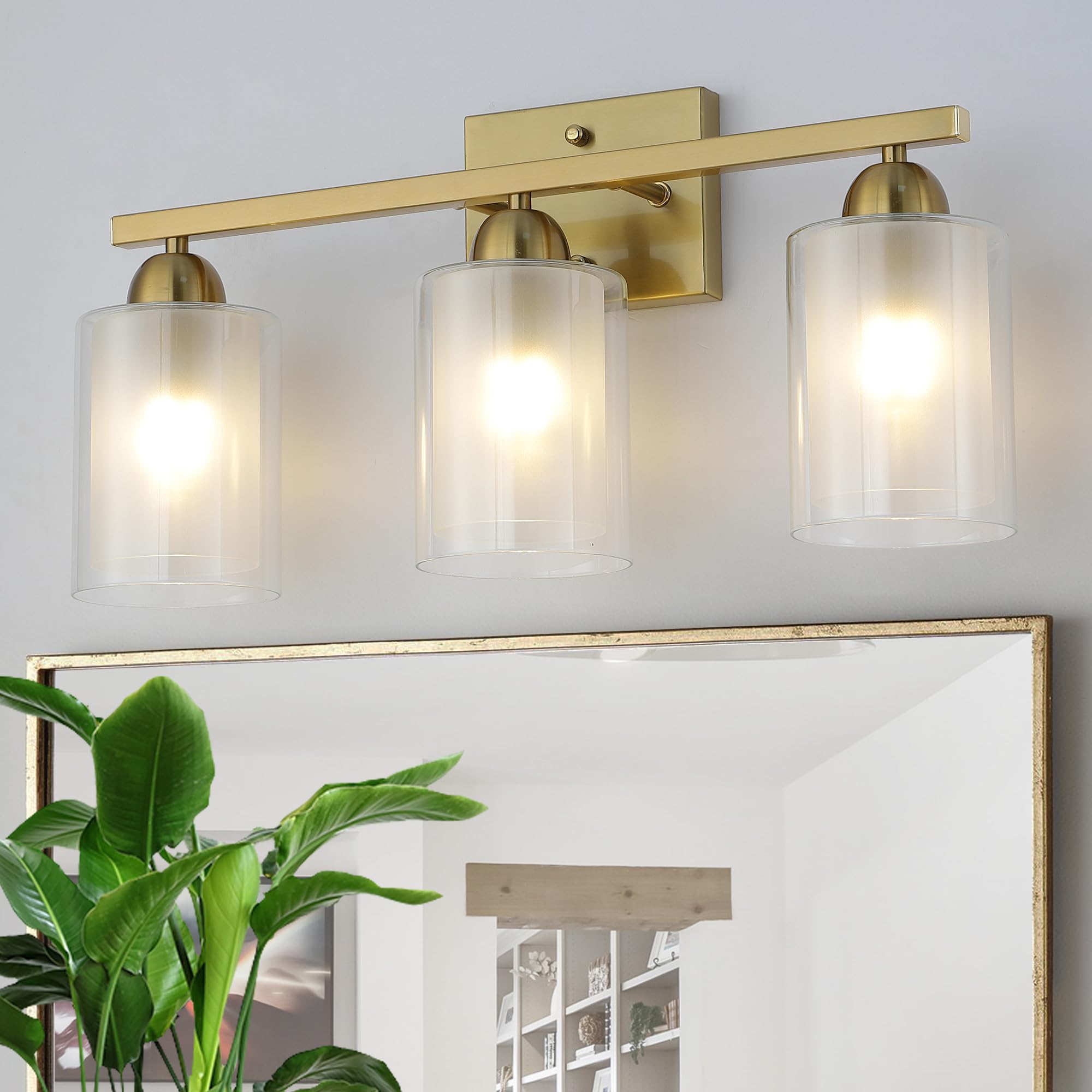 Mecgirn Stainless Steel Bathroom Vanity Light, 3 Light Brushed Gold, Milk & Clear Glass Shades, Model B0007-3-Gold