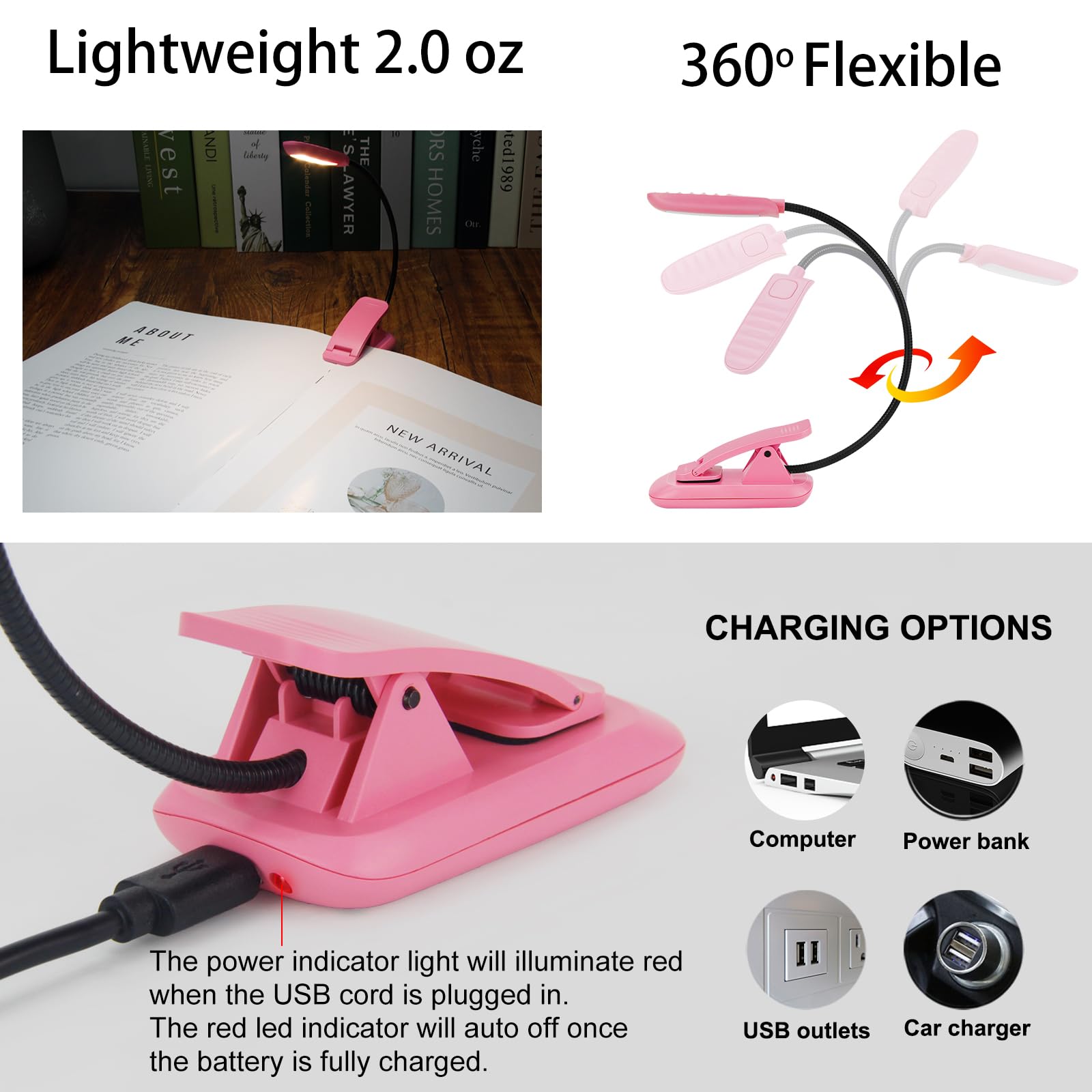 BIGMONAT Rechargeable Book Light, Adjustable Brightness, Portable, 2Pack, Pink, Model B94YW-2, Eye Care LEDs for Kids & Travel
