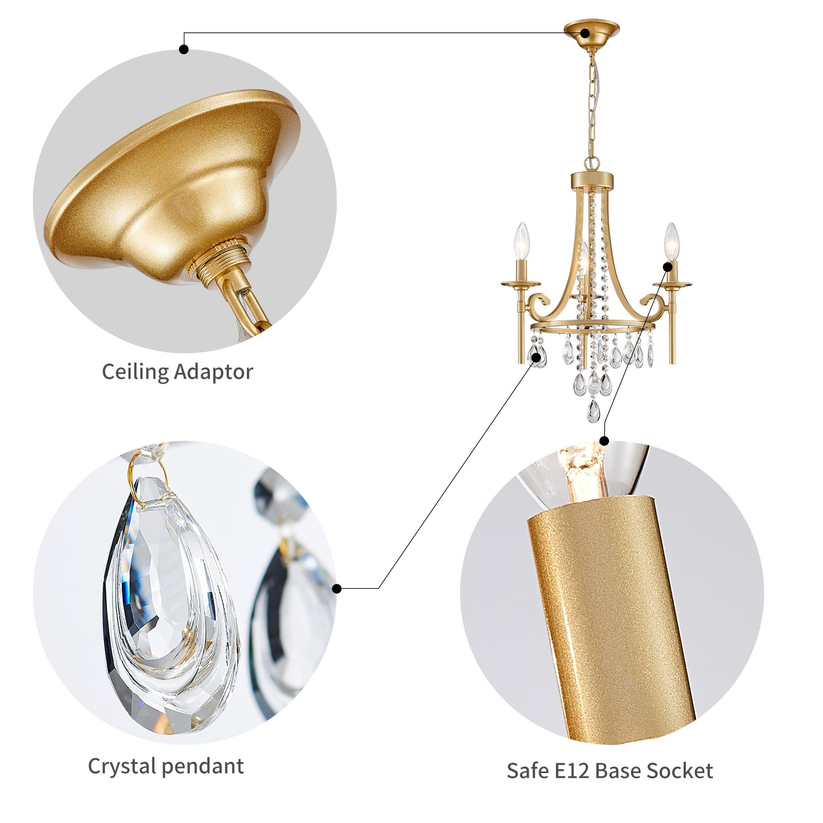 WUZUPS Candle Chandelier 3-Light Pendant Ceiling Light, Gold Metal, E12 Base, 16.1in Wide, 23.8in High, Model CAHD90039-G