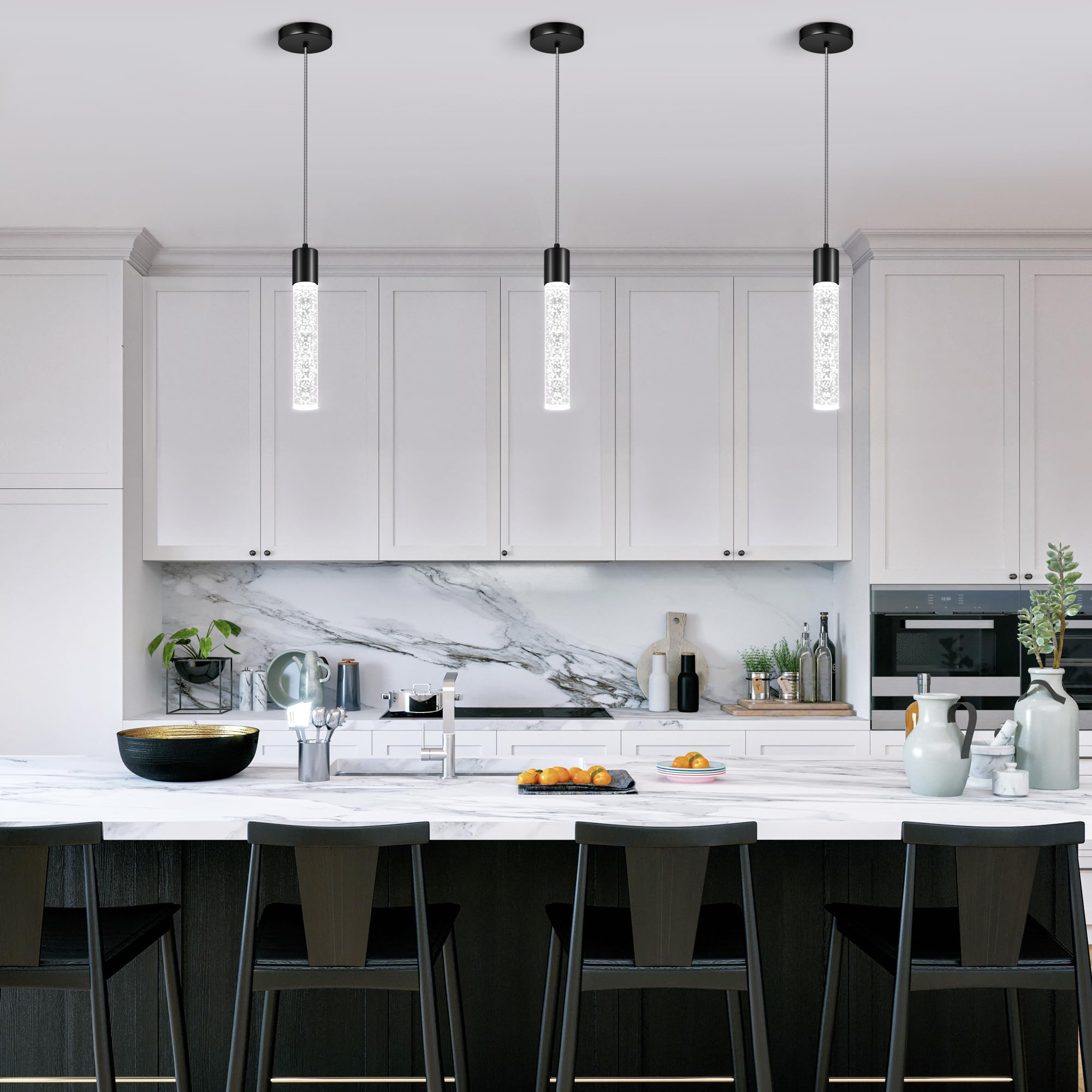 Esfos Kitchen Island Pendant Lights, 3 Pack Brushed Black Crystal Bubble, Integrated LED, Model L11-3-BK, 6500K