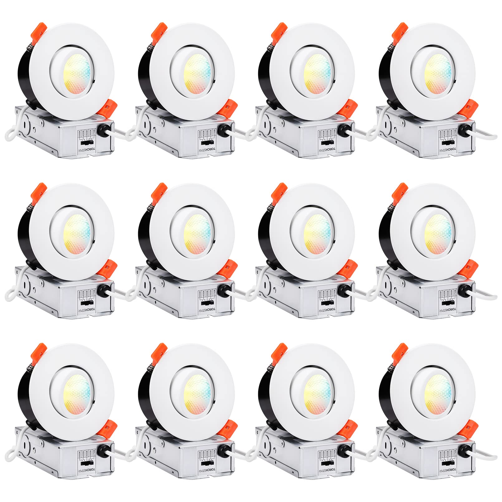 Torchstar 12-Pack 5Cct 3 Inch Gimbal Led Recessed Light, 7W Cri90+ Dimmable Adjustable Eyeball Canless Led Downlight, 2700K/3000K/3500K/4000K/5000K Selectable, Airtight Ic, Etl