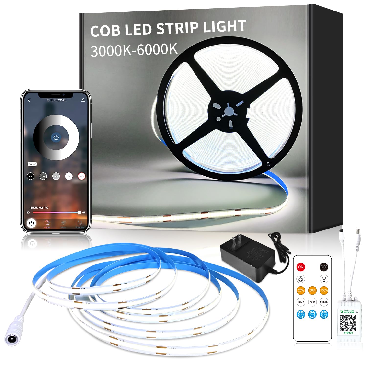 Yeewhale 16.4Ft Cob Led Strip Lights 6000K White Dimmable Dc 24V Flexible Led Tape Light For Bedroom, With Remote And App Control Led Light Strip,For Diy Home Decoration