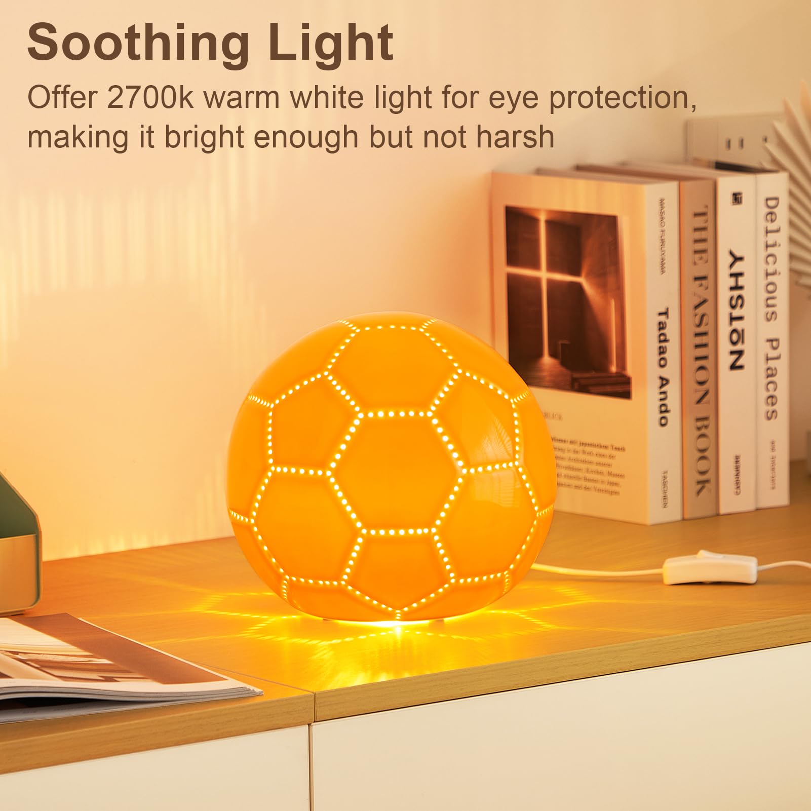 Bohon Light Up Soccer Ball Size 5, Ceramic Bedside Table Lamp, Orange Kids Night Light, Sport Stuff Soccer Gifts For Boys Girls