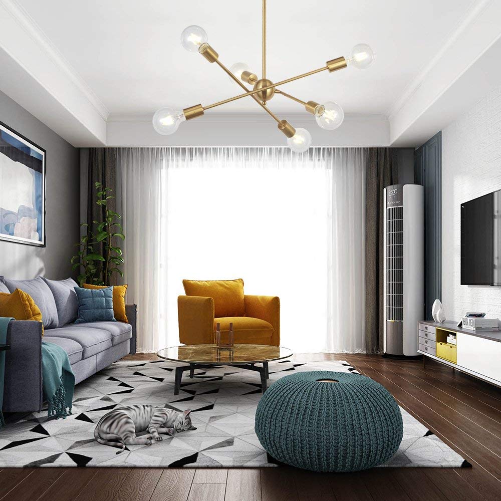 BONLICHT Modern Sputnik Chandelier Lighting 6 Lights Brushed Brass Chandelier Mid Century Pendant Lighting Gold Ceiling Light Fi