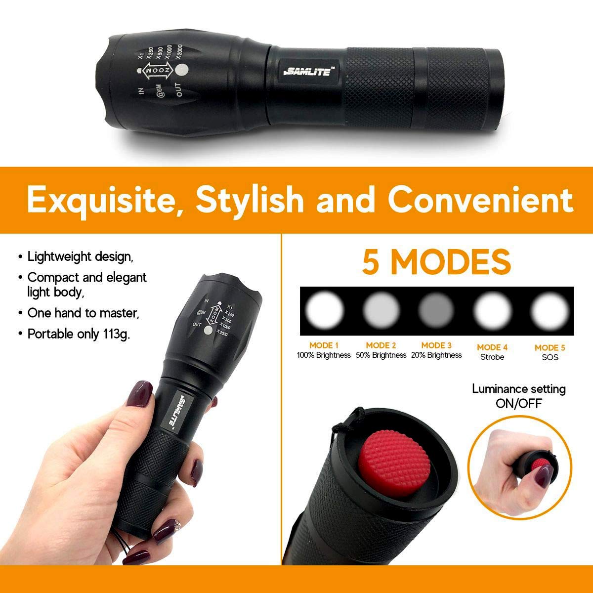 SAMLITE LED Flashlight High Powered - 1200 Lumens Bright Zoomable Spotlight or Floodlight - 5 Modes - Brightest Ultra Light, Poc