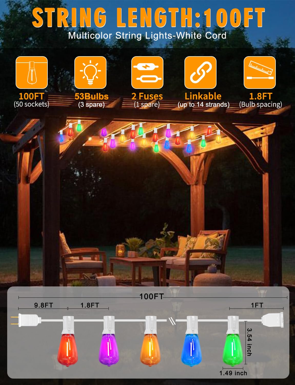 Achin Colored Outdoor String Lights White Cord - 100Ft Multicolor Patio Lights With 50+3 Led St38 Bulbs Shatterproof Colorful St