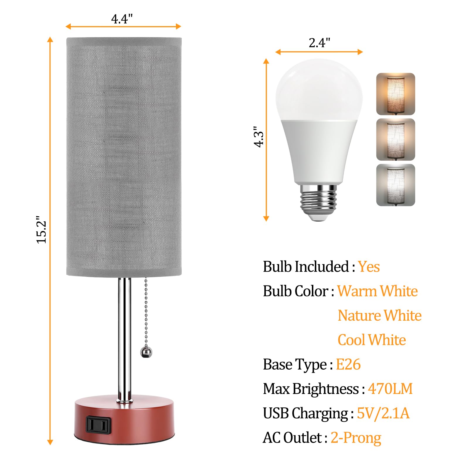 Dott Arts Table Lamp, 3-Color Bedside Lamp with Pull Chain, 15 in, Grey-Brown, Model DK-002, Metal, Bulb Included