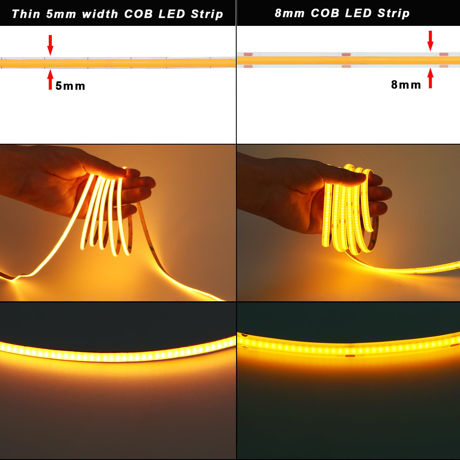 Topai 24V Thin 5Mm Gold Yellow Cob Led Strip 16.4Ft Narrow Led Tape Light Dotless 400Leds/M High Density Cuttable Flexible For Cabinet Home Diy Lighting Projects
