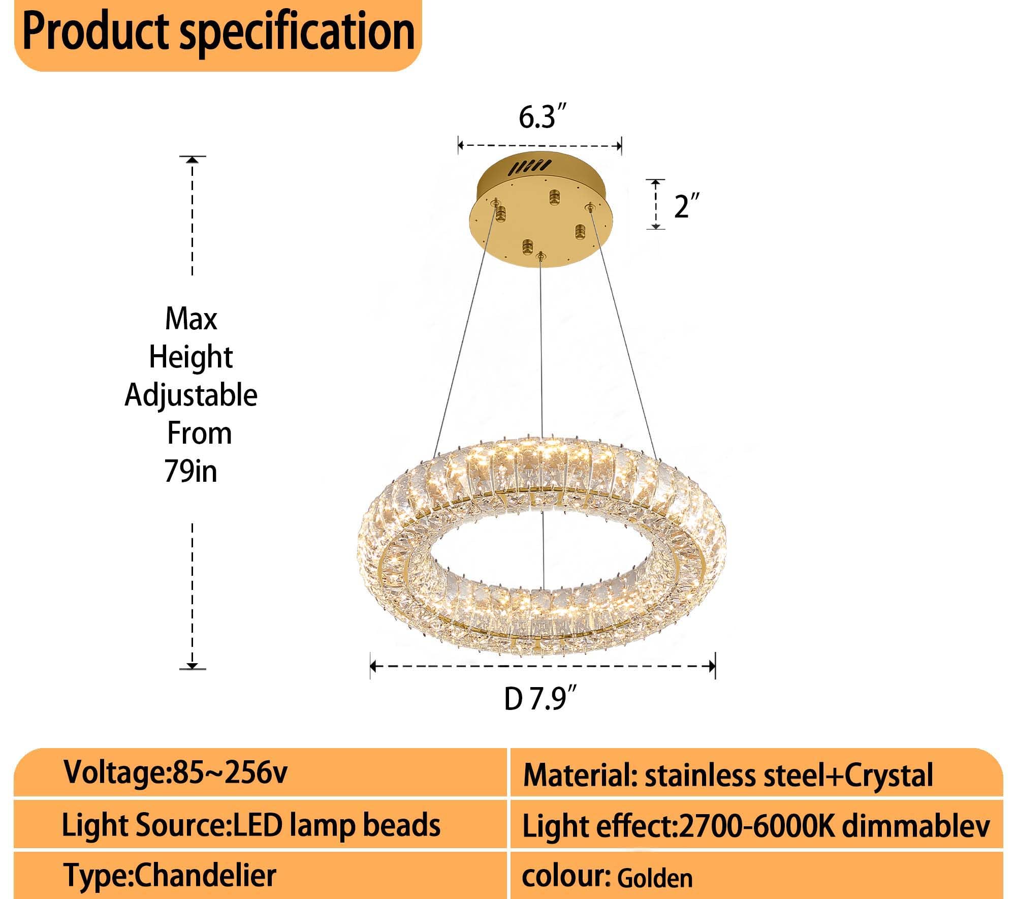 Idequy Modern Led Gold Ring Pendant Light 7.8'' Dimmable Crystal Chandelier Adjustable Round Crystal Chandelier Light Fixtures F