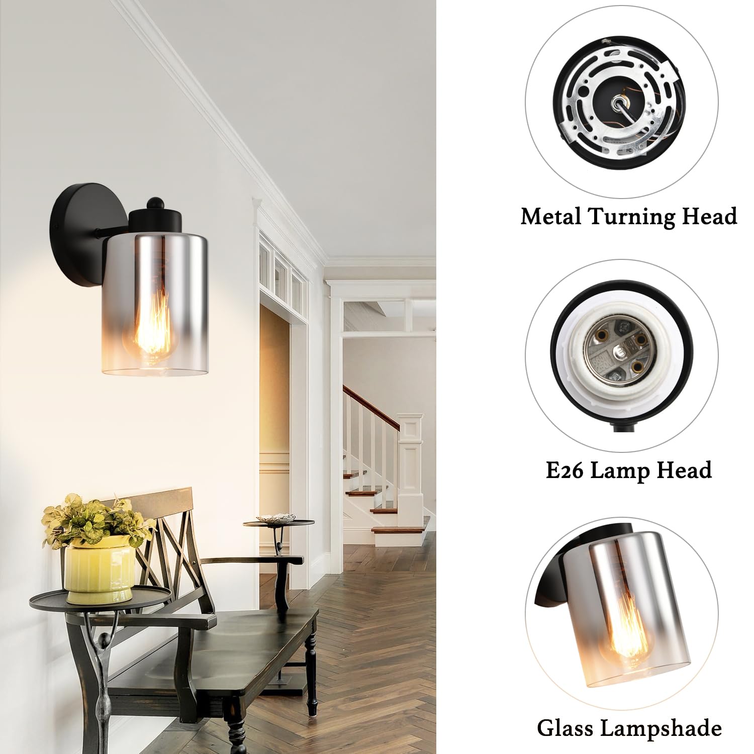 KENMI Wall Sconce Light Fixture, Metal with Clear Glass Shade, Modern Design, Matte Black, 1 Pack, Model W12W