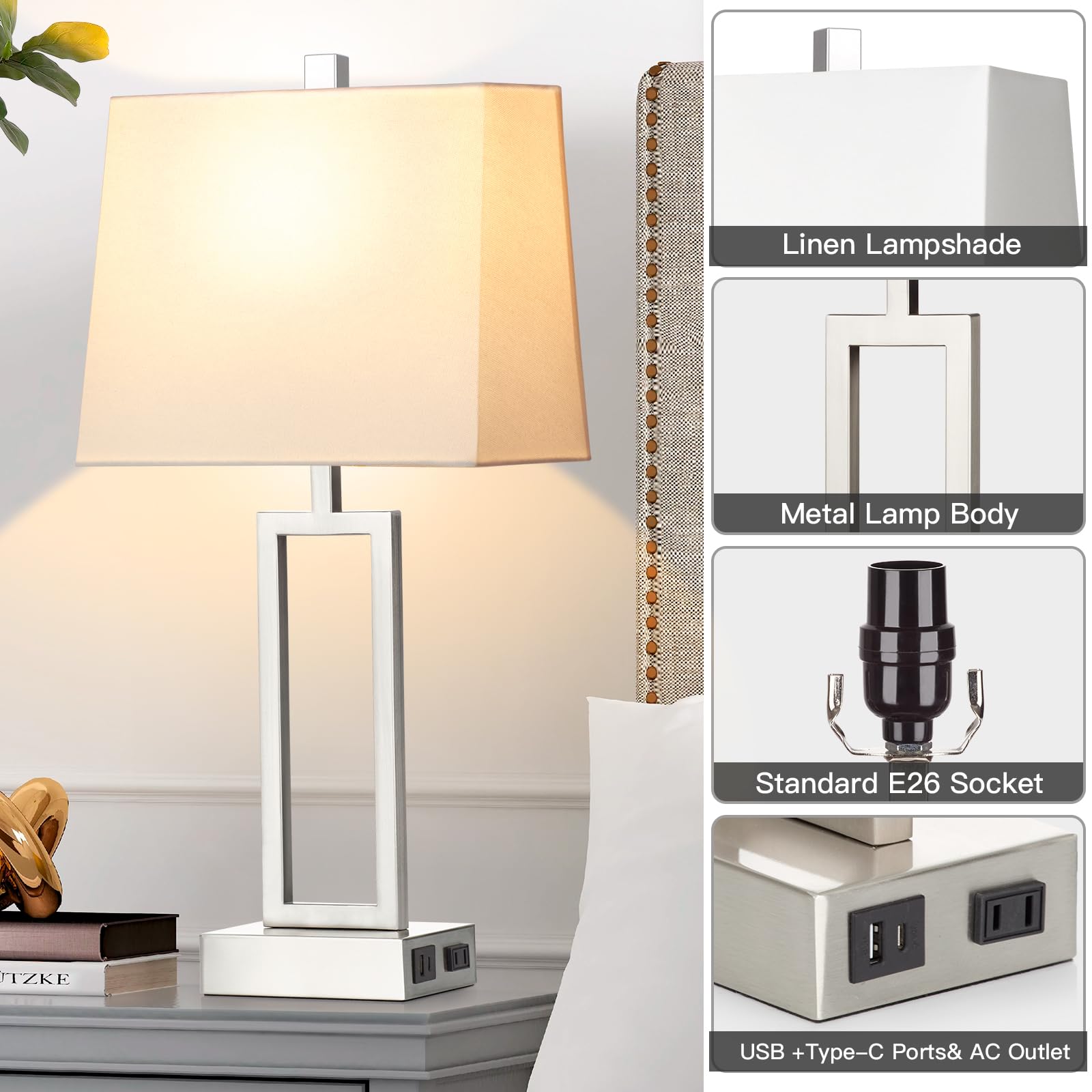 Touch Control Table Lamps For Living Room, 3-Way Dimmable Modern Table Lamp With Usb A+C Charging Ports & Ac Outlets, Bedside Co