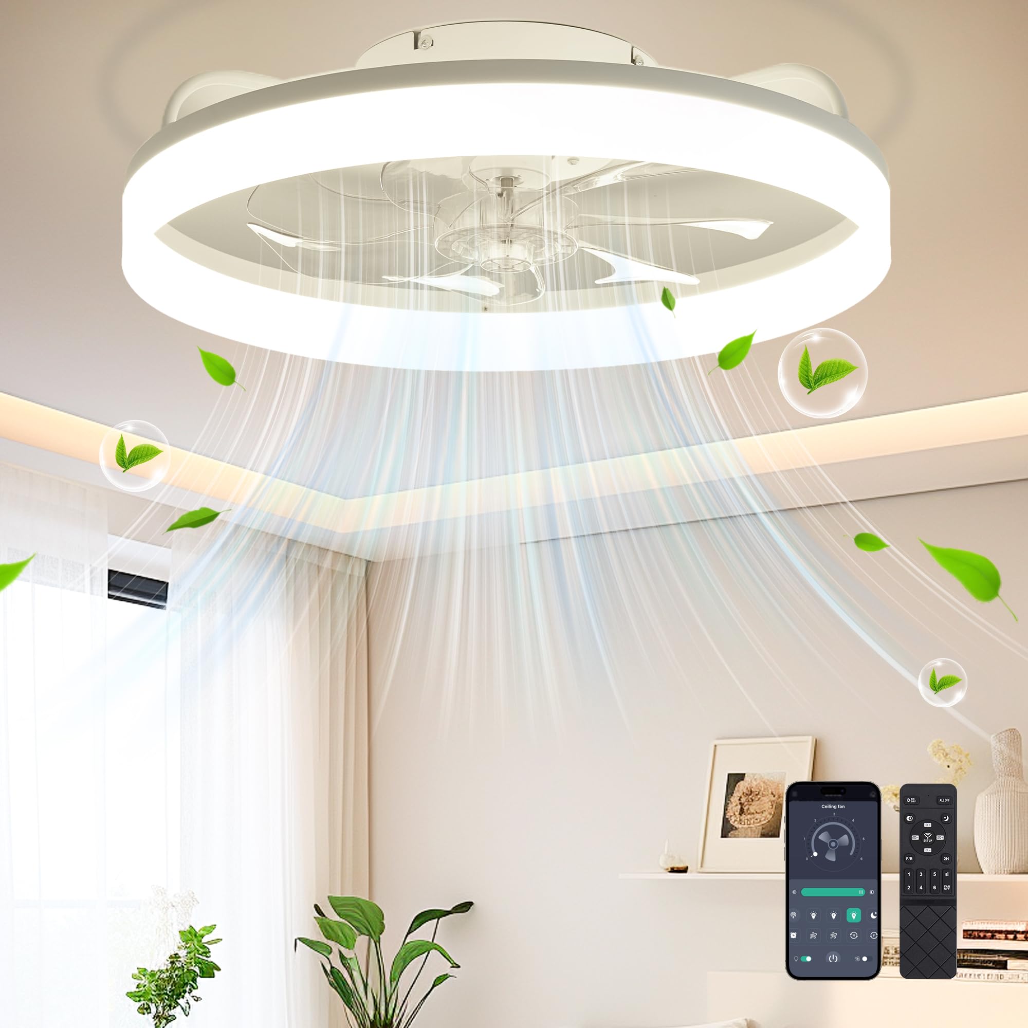 Ceiling Fans with Lights and Remote Fandelier - White 20 Flush Mount Low Profile Modern Ceiling Fans for Bedroom - Stepless Color Temperature and 6 Speeds  White