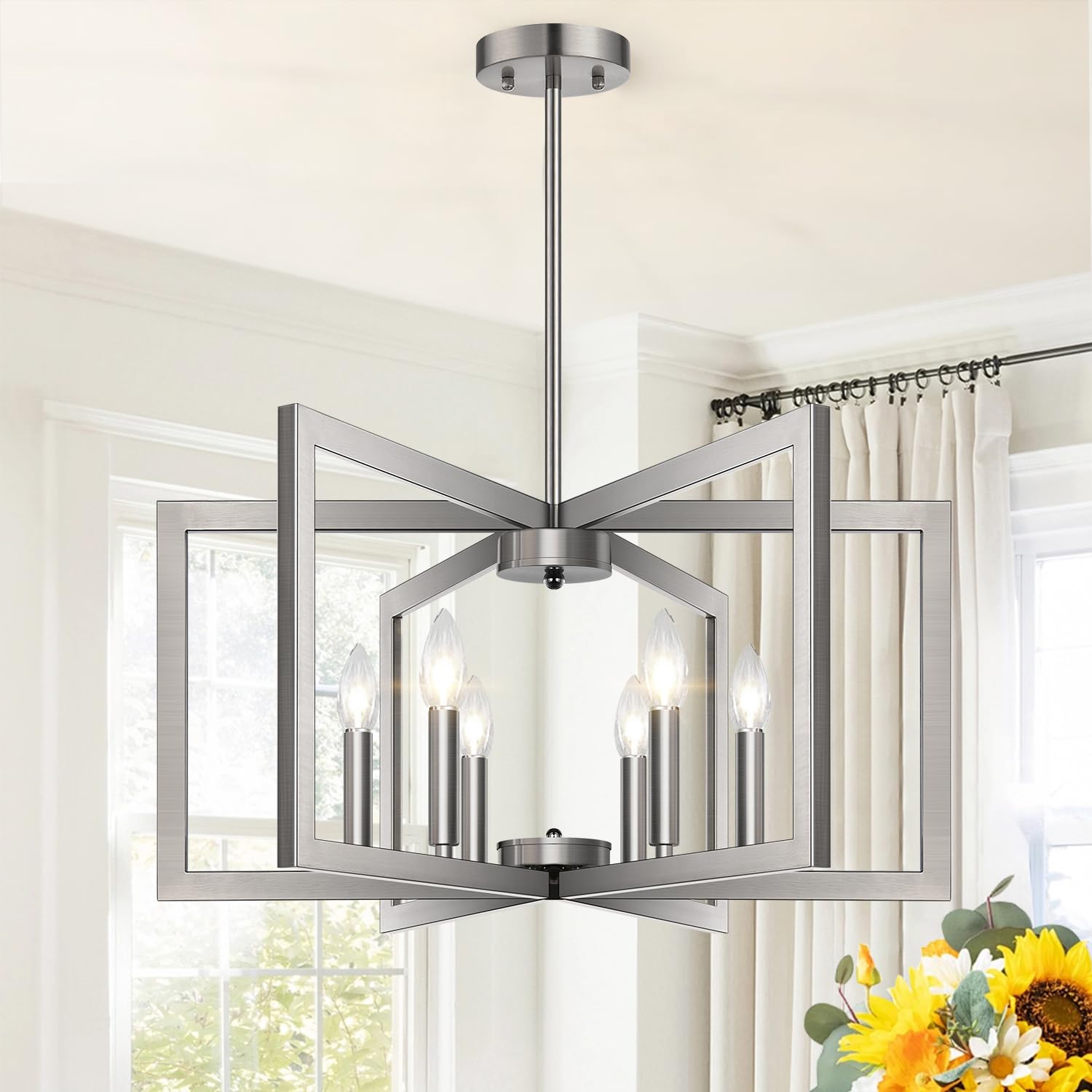 25 Modern Brushed Nickel Chandelier for Dining Room  No Assembly Required Brushed Nickel Dining Room Light Fixture Over Table  Industrial Metal Hanging Pendant Lights Fixture for Kitchen Island