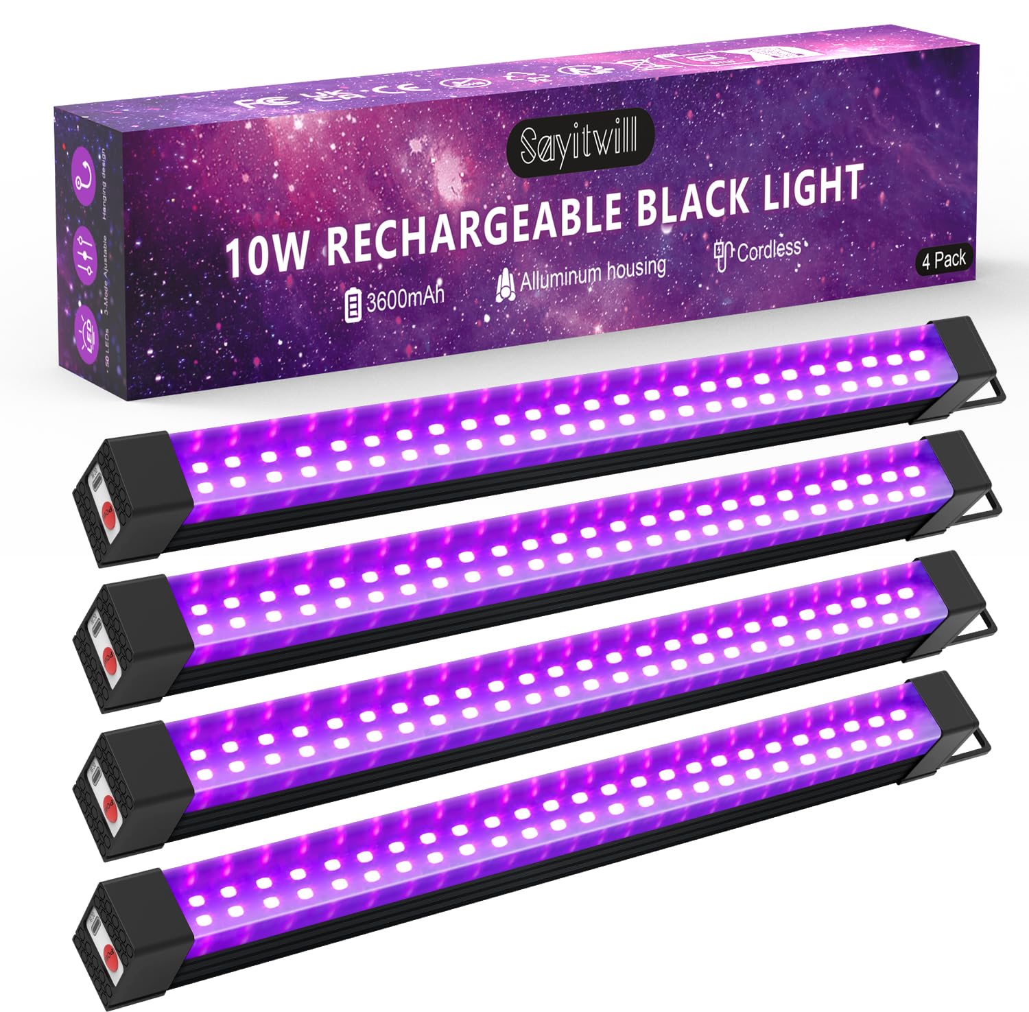 Rechargeable Black Light Bar 4 Packs  Battery Powered Black Lights for Glow Party  Cordless UV Band Lights with On/Off/Dimma/Flash Switch  for Neon Uranium Glass  Classroom Discomfortt  Poster Stage