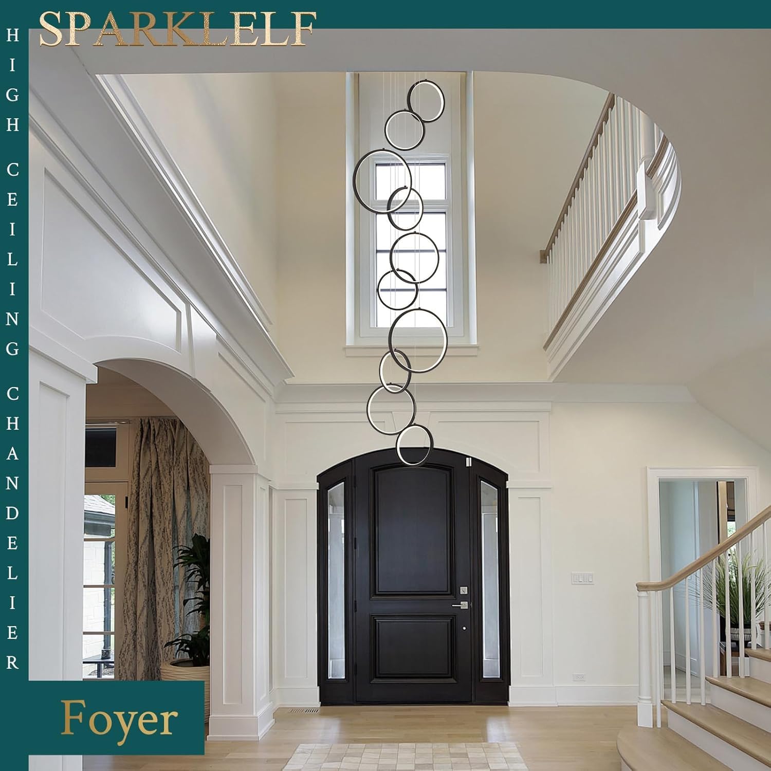 Sparklelf 10-Light Modern LED Chandelier, Dimmable Black Pendant Light for High Ceilings, Model SE-P66-10BDC1