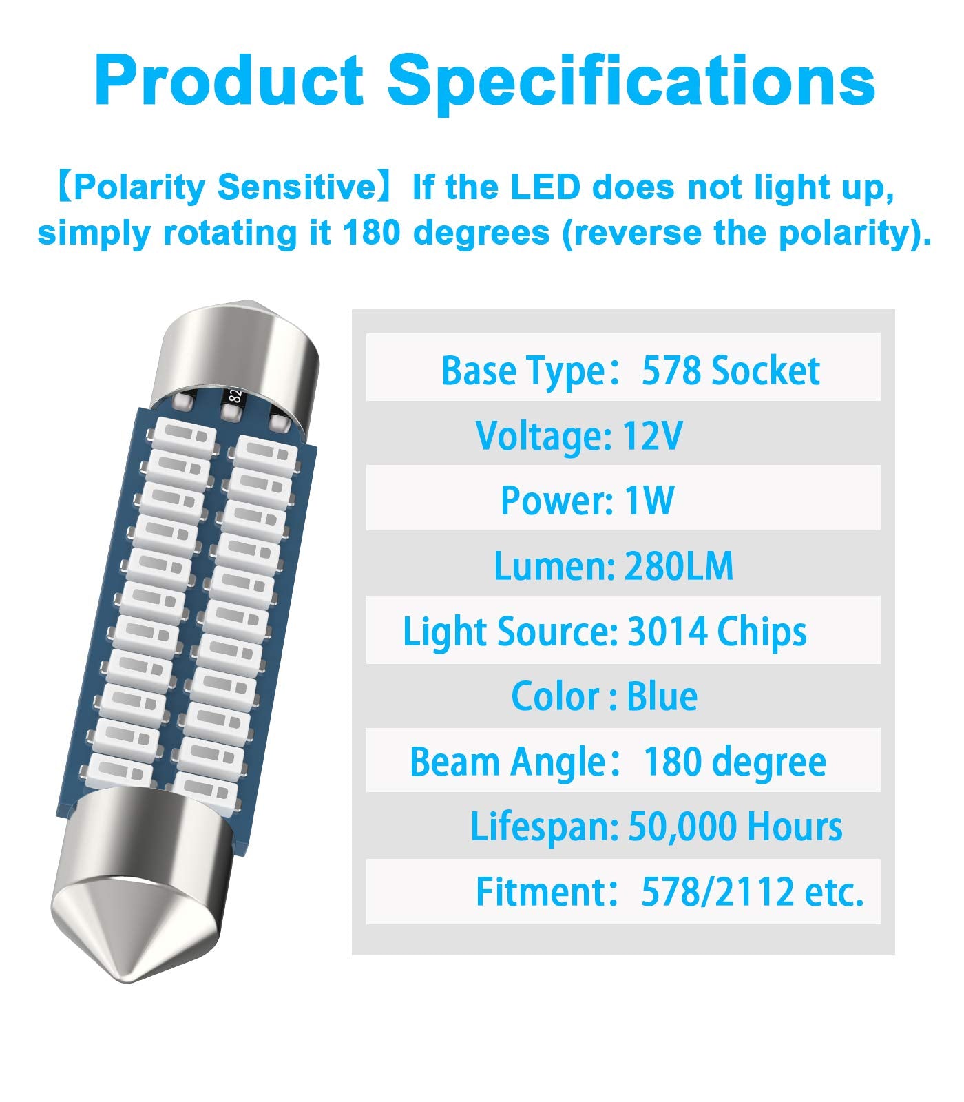 Serundo Auto 578 LED Festoon Bulb, 41mm 42mm, 22 SMD 3014, Pack of 4, Blue Color