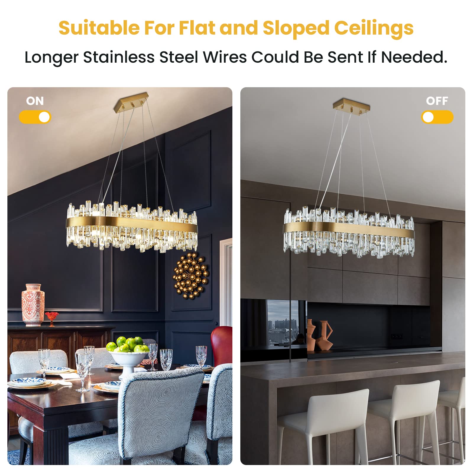 Siljoy Modern Crystal Chandelier 16 Lights Rectangle L35.4in  Clear Crystal Brass Gold Flush Mount Pendant Light for Dining Room