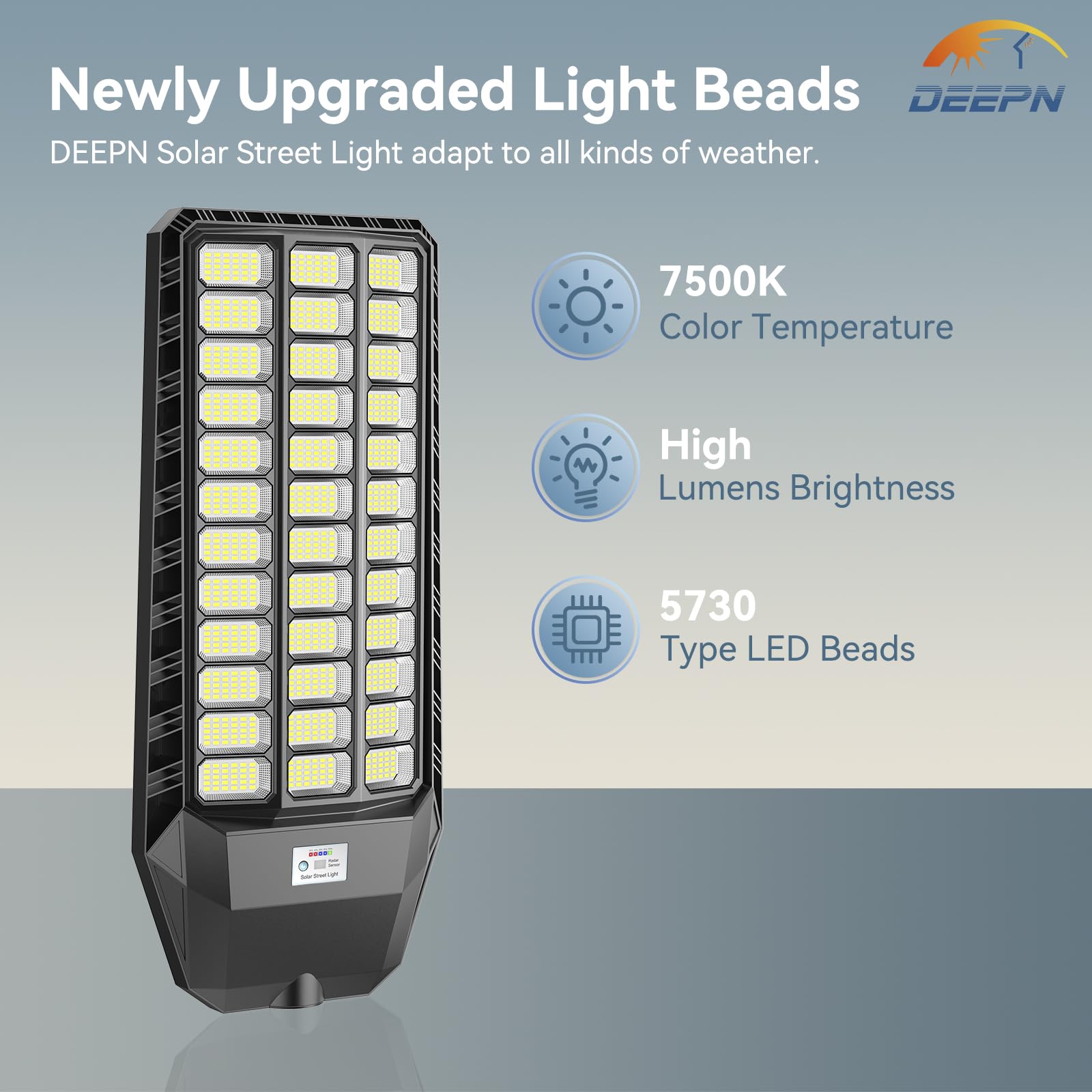 Deepn 9500W Plus Solar Street Light - Super Bright, IP67, Dusk to Dawn, Motion Sensor, Black, Model FTW3002