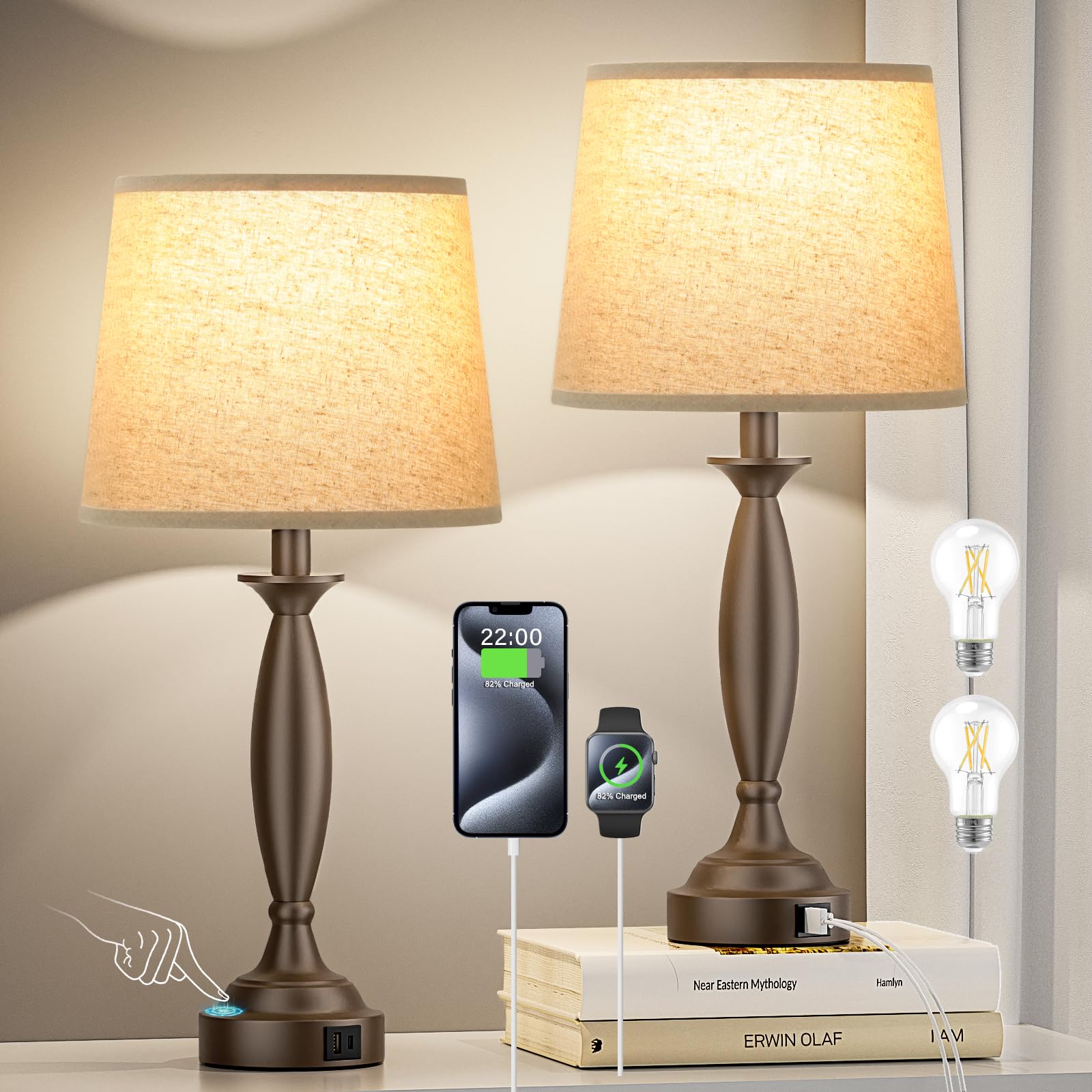 Beige Brown Lamps for Bedrooms Set of 2 - Touch Control Bedside Lamp with USB C+A, 3 Way Dimmable Nightstand Lamps with USB Port