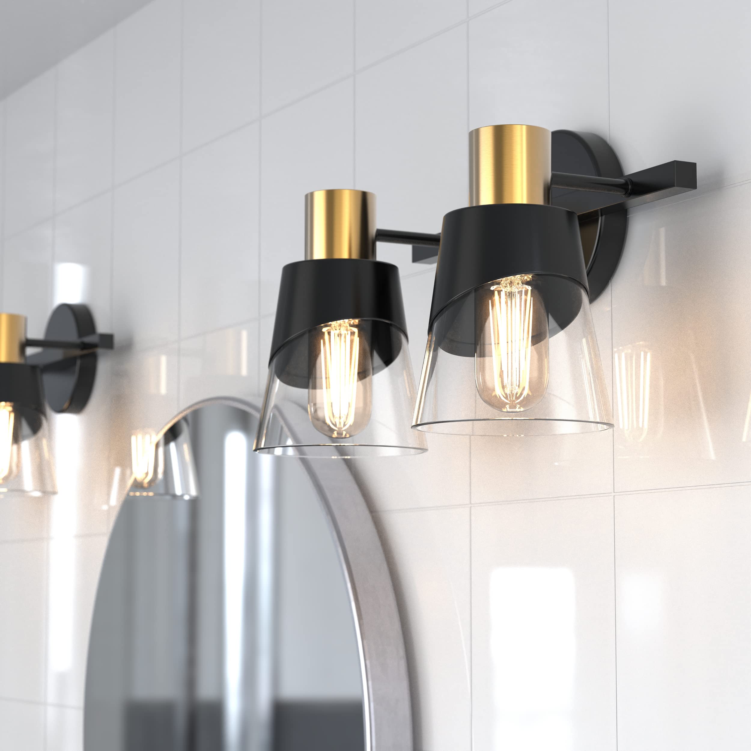 Ursola Bathroom Lighting Fixtures Over Mirror, 2 Lights Bathroom Vanity Light, 13 Inchbathroom Light Fixtures, Black And Gold Design With Bevelled Edge And Clear Glass Shade Wall Lamp