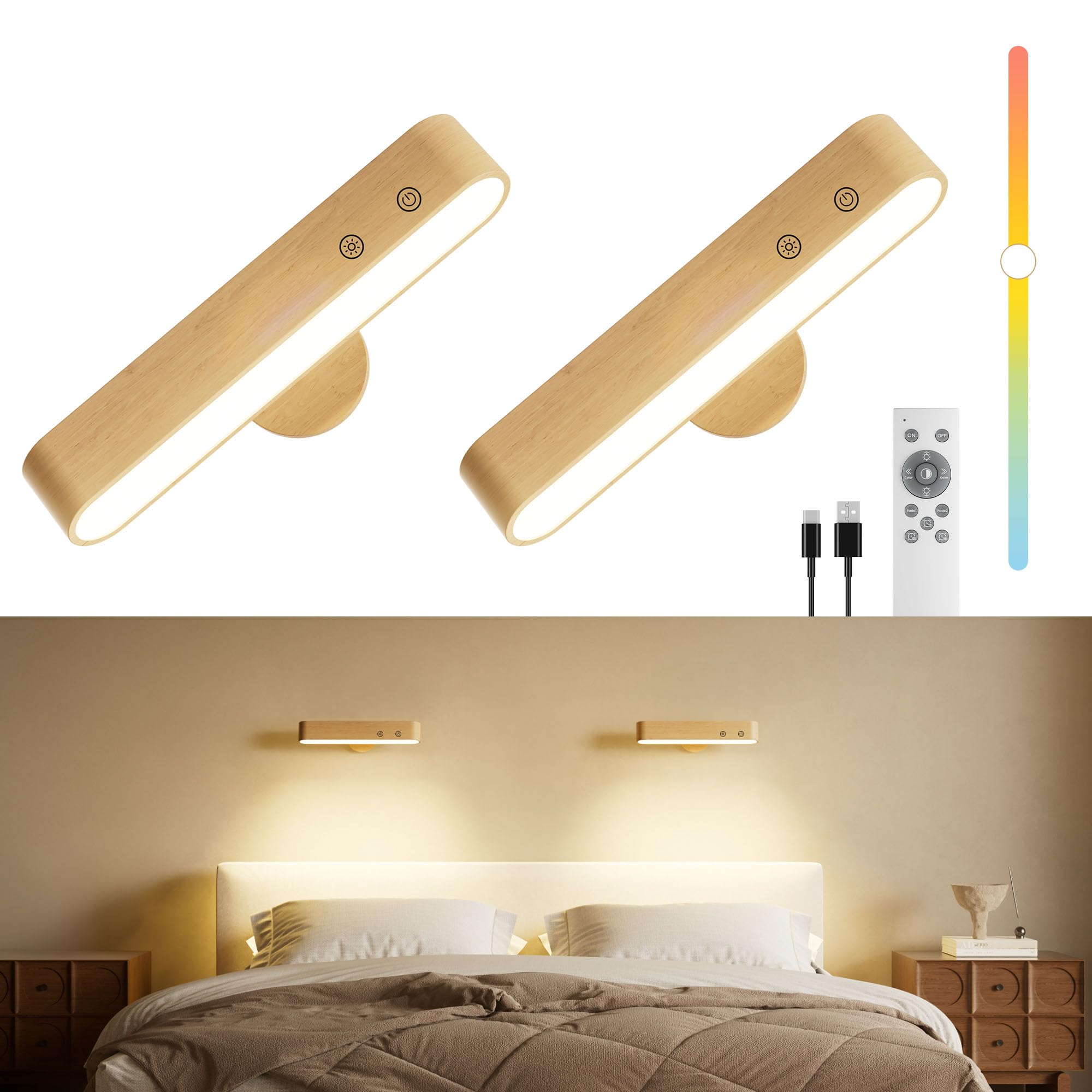 PopoIron LED Wall Sconces Set of Two, Rechargeable, Remote Control, 3 Colors Dimmable, Wood, White Beech, Model WL15